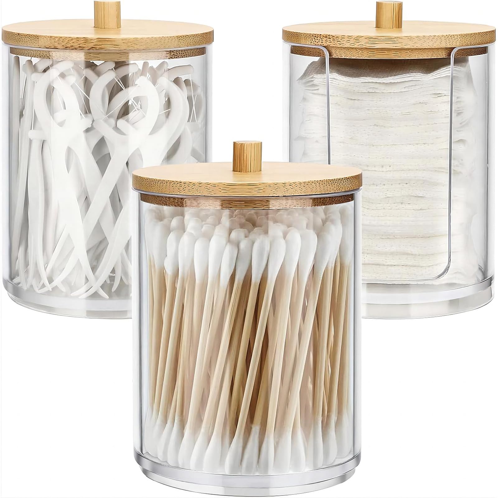 Wadafen 3-Pack Cotton Pad Holder & Swab Dispenser with Bamboo Lids