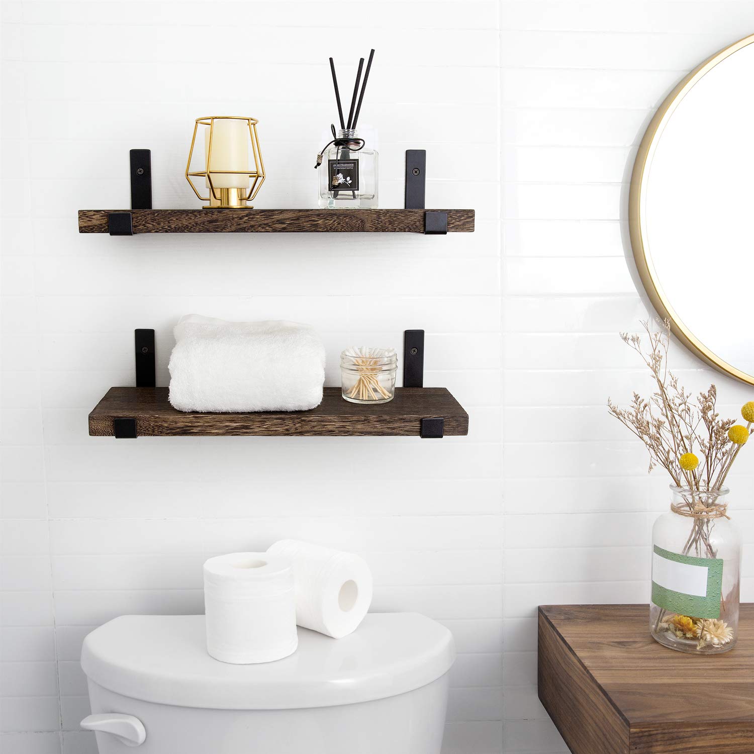 Mkouo Rustic Floating Shelves – 60cm Paulownia Wood Wall Mount, Set of 2