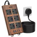 TOPREK Wood Grain 6 Way Extension Lead | 4 USB Ports & Surge Protection
