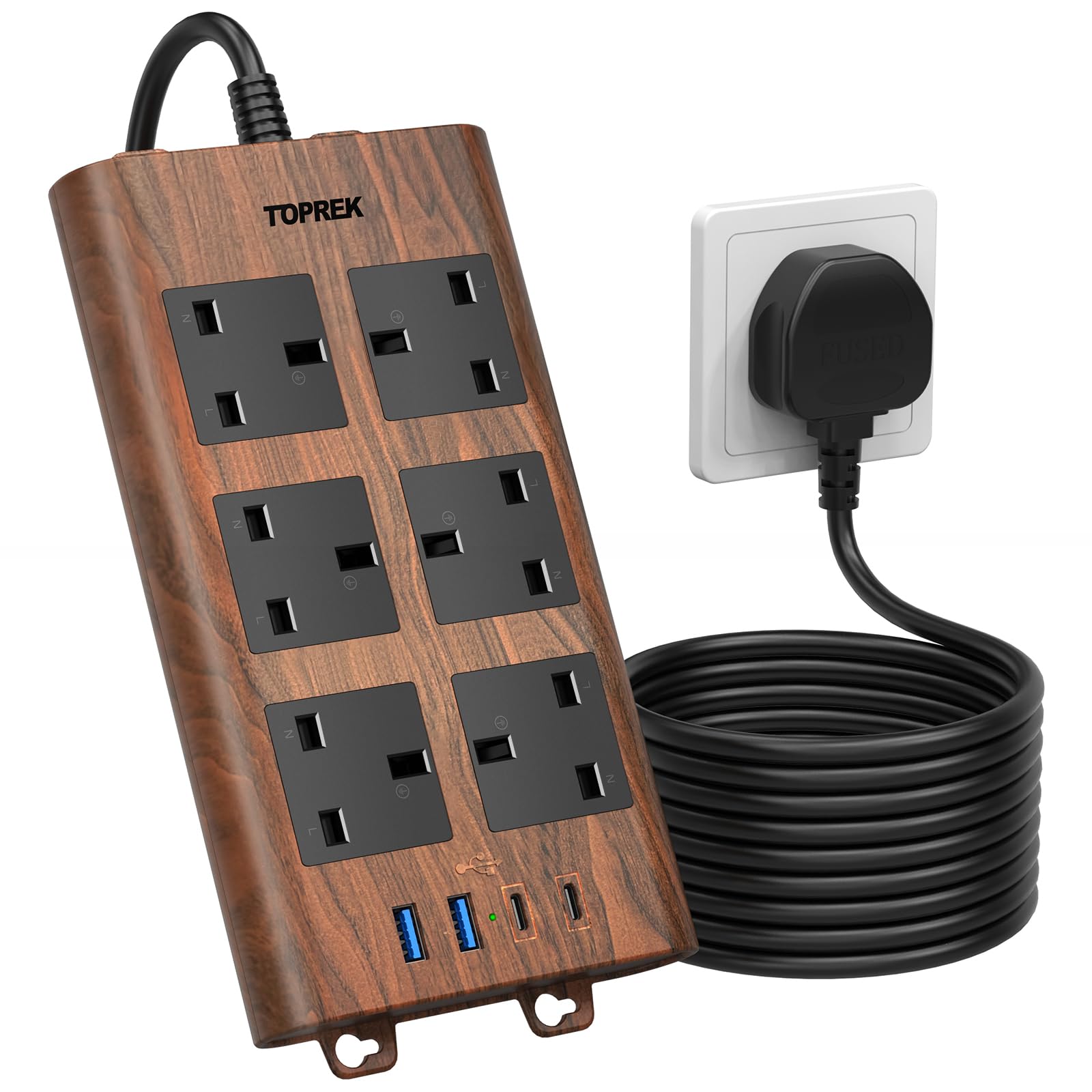 TOPREK Wood Grain 6 Way Extension Lead | 4 USB Ports & Surge Protection