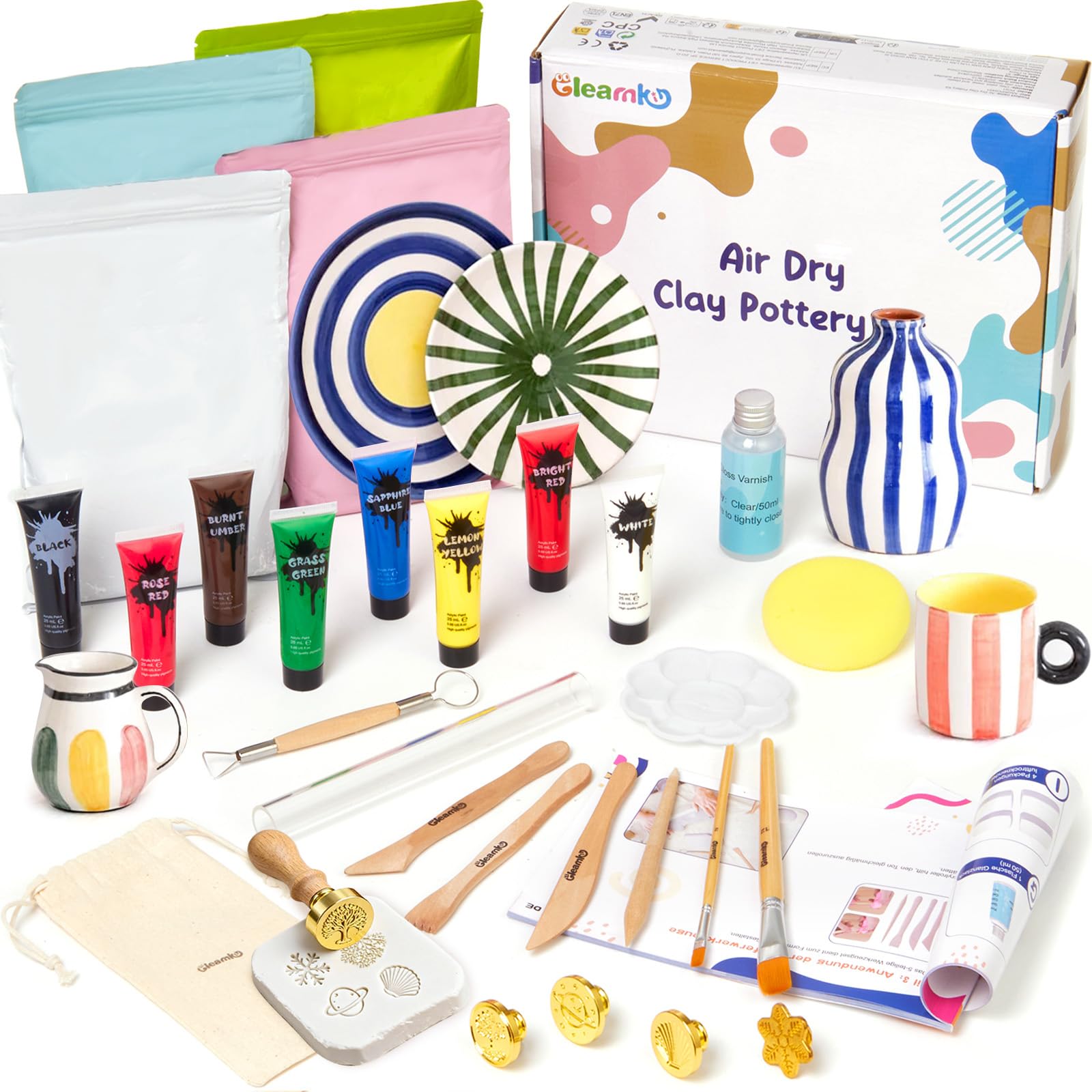 Gleamkid DIY Air Dry Clay Pottery Kit for Adults – 2kg Clay & Tools