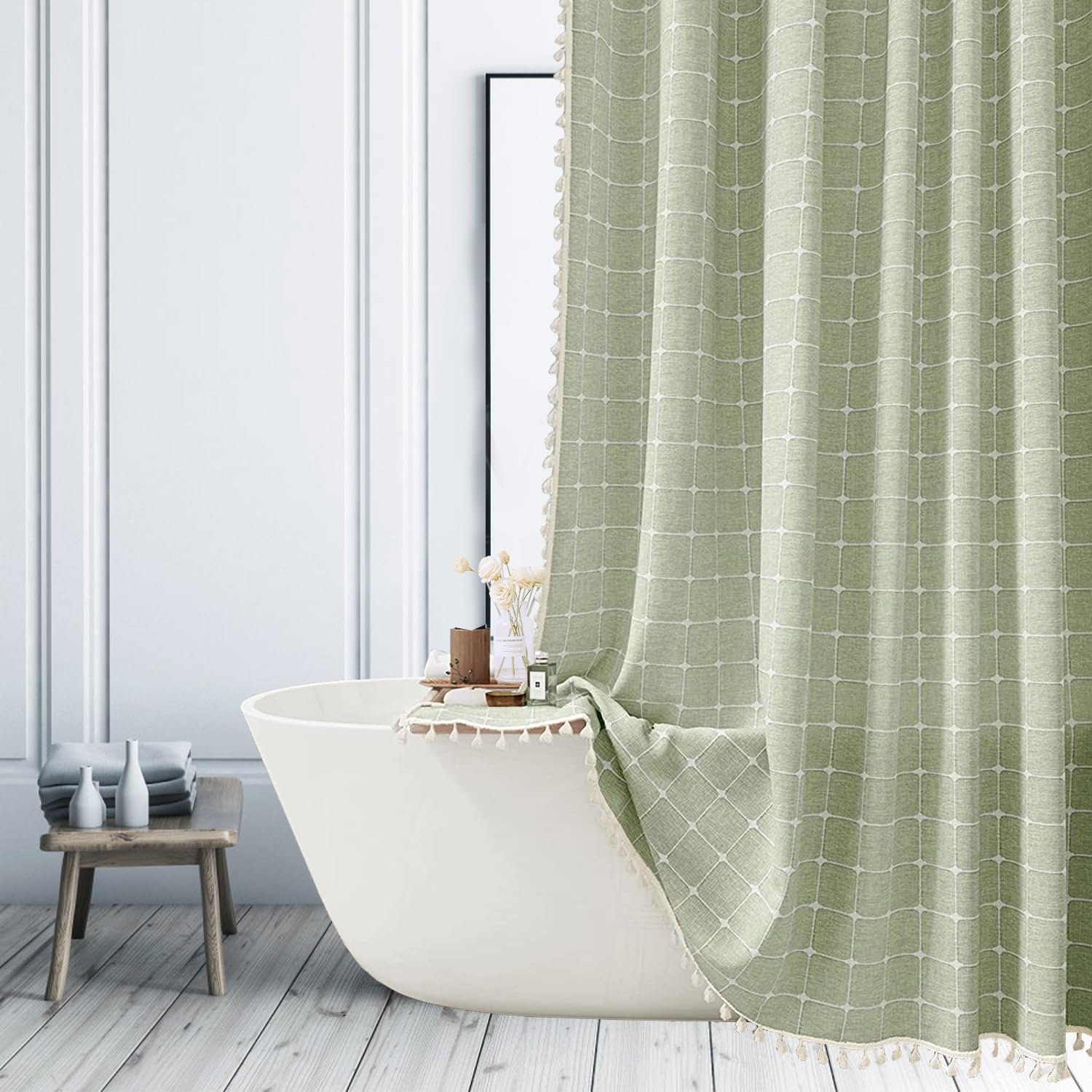 Sage Green Boho Shower Curtain – Heavy Duty Linen with Tassels