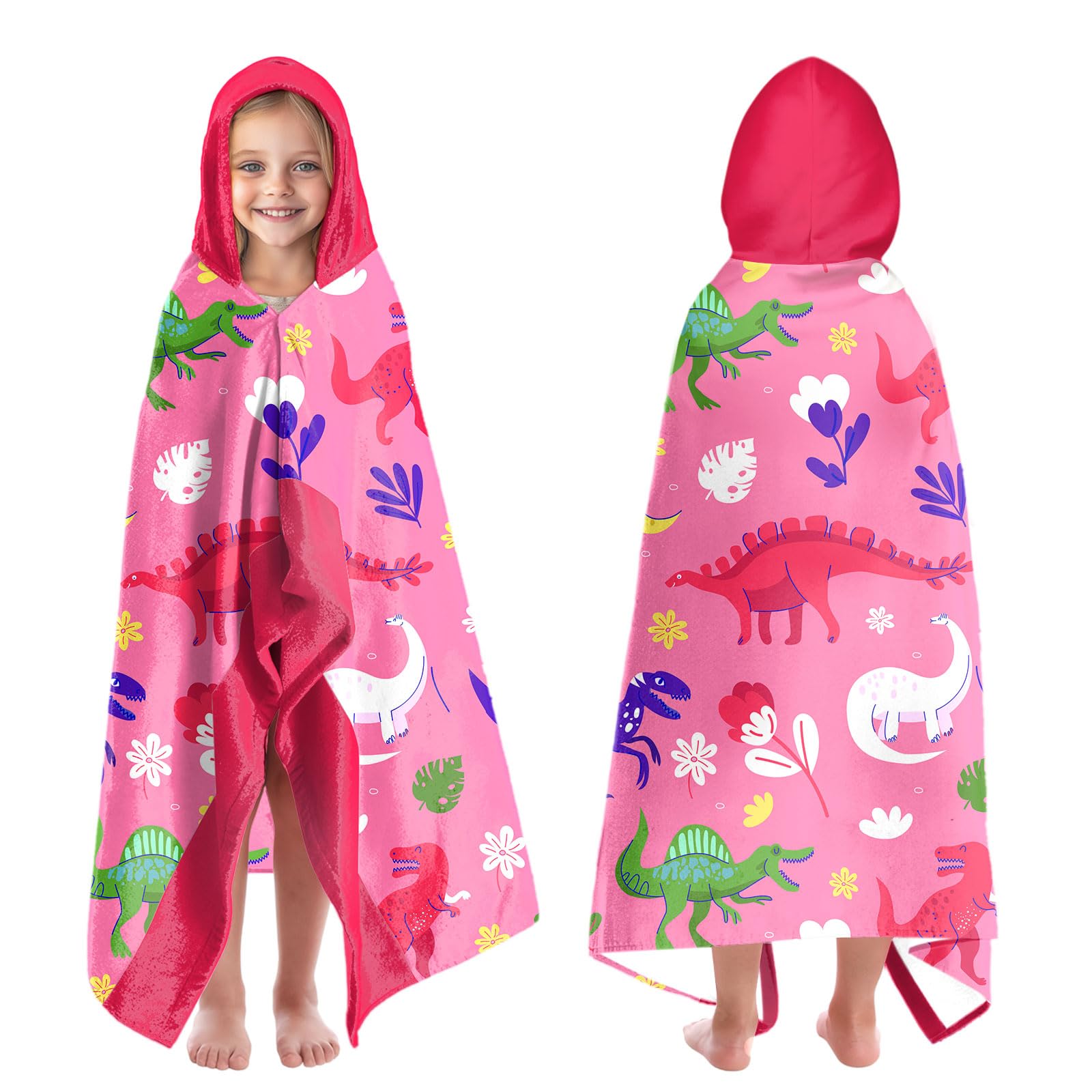 Kids Dinosaur Hooded Beach Towel | Quick Dry Pink Poncho 30x50
