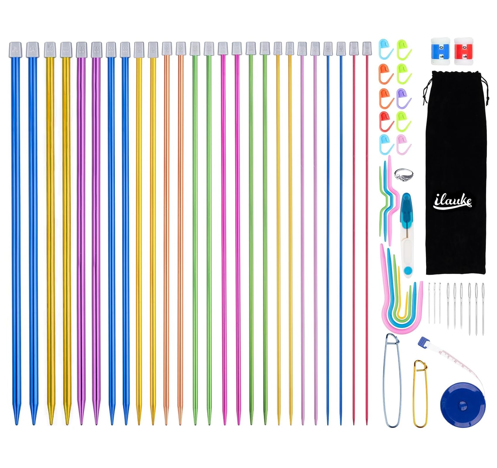 ilauke 60Pcs Stainless Steel Knitting Needles Set with Storage Bag