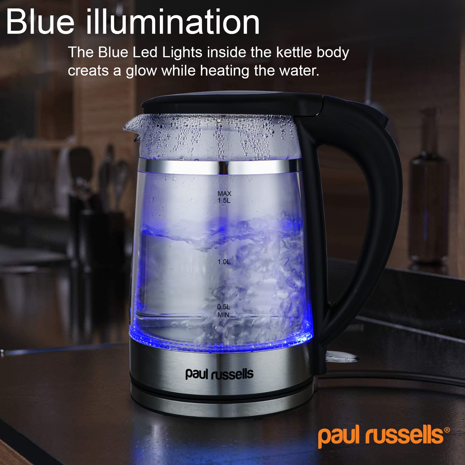 Paul Russells Electric Kettle | 1.5L Glass & Stainless Steel | 3000W