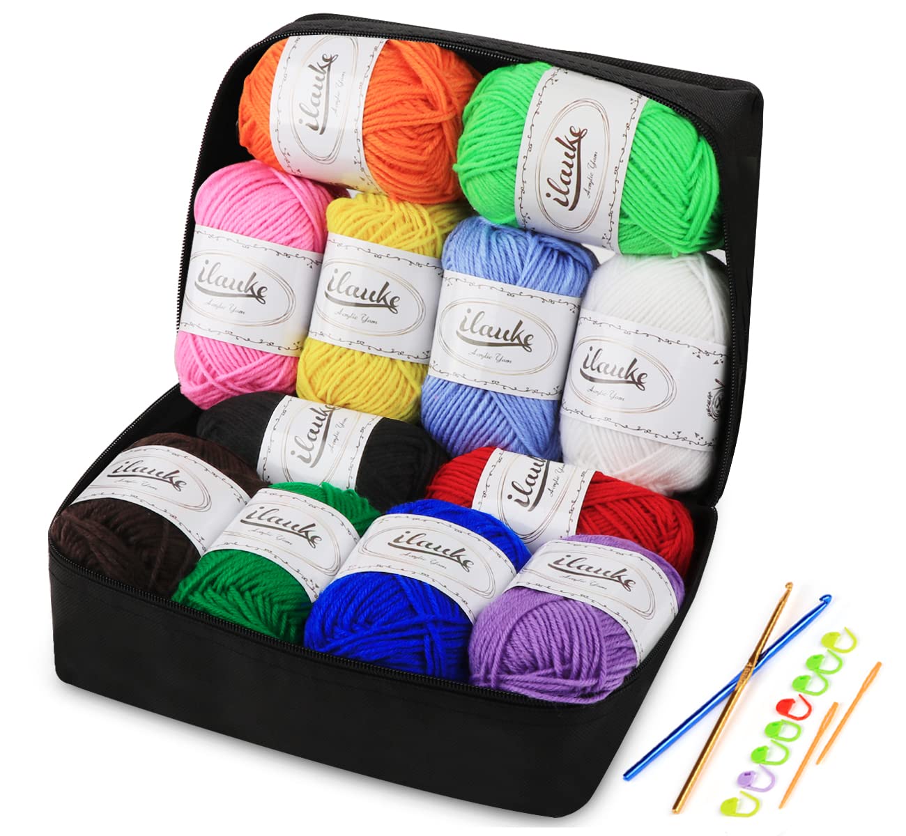 Ilauke 12 x 50g Acrylic Knitting Yarn Kit with Hooks and Storage Bag
