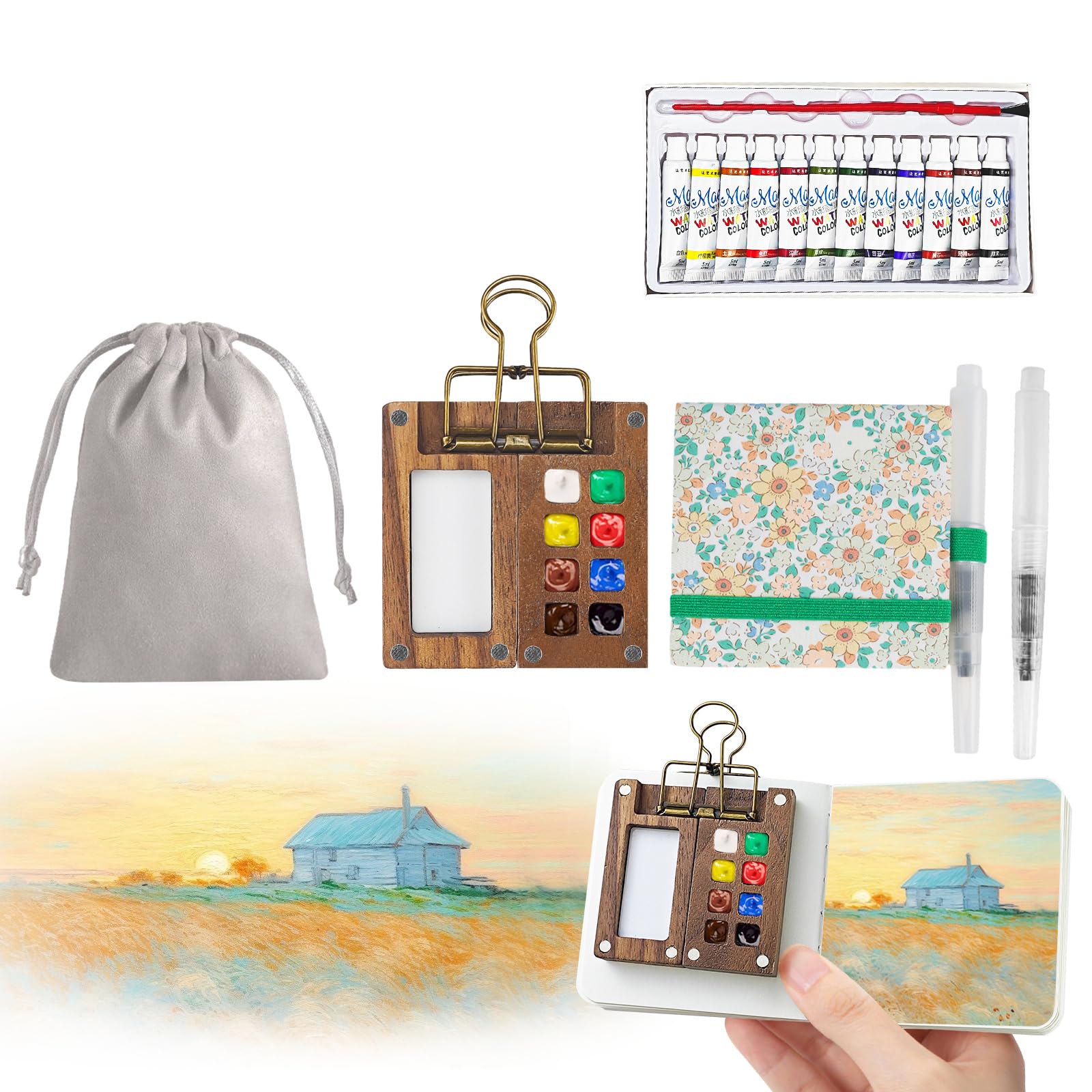 8-Grid Wooden Watercolor Palette – Portable Travel Art Kit