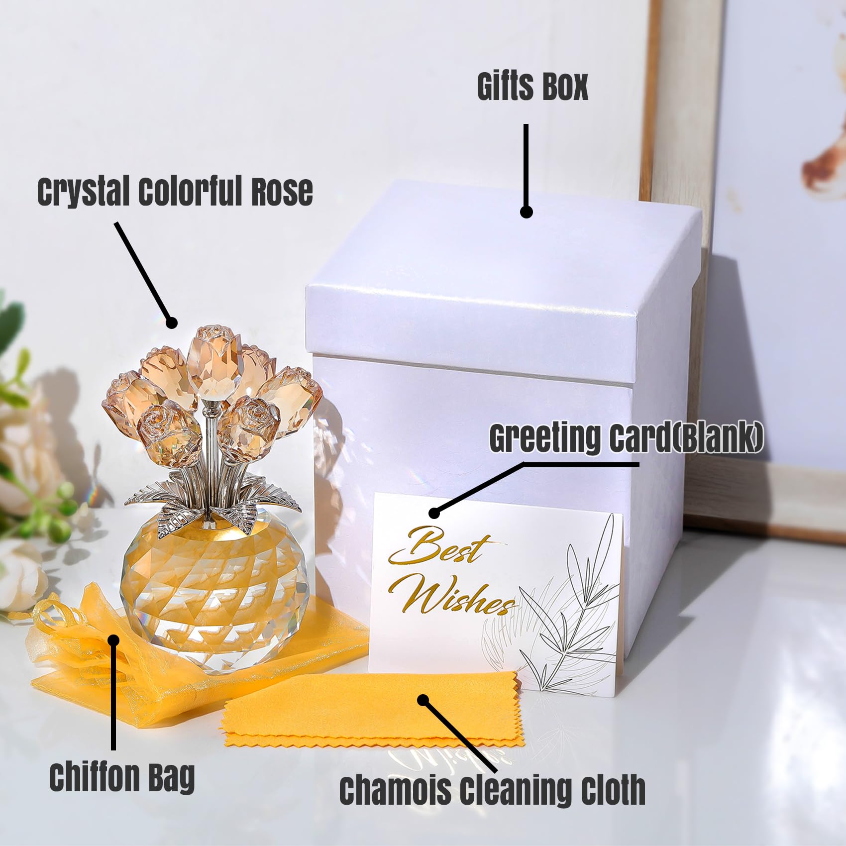 Ornalrist Crystal Gold Roses Figurine | K9 Glass Flower Bouquet with Vase