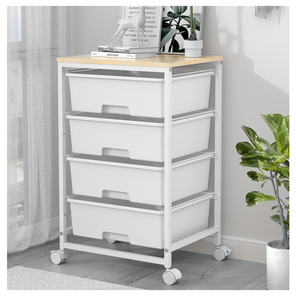 SYKIARIOL 4-Drawer Rolling Storage Cart with Wooden Top | Bright White
