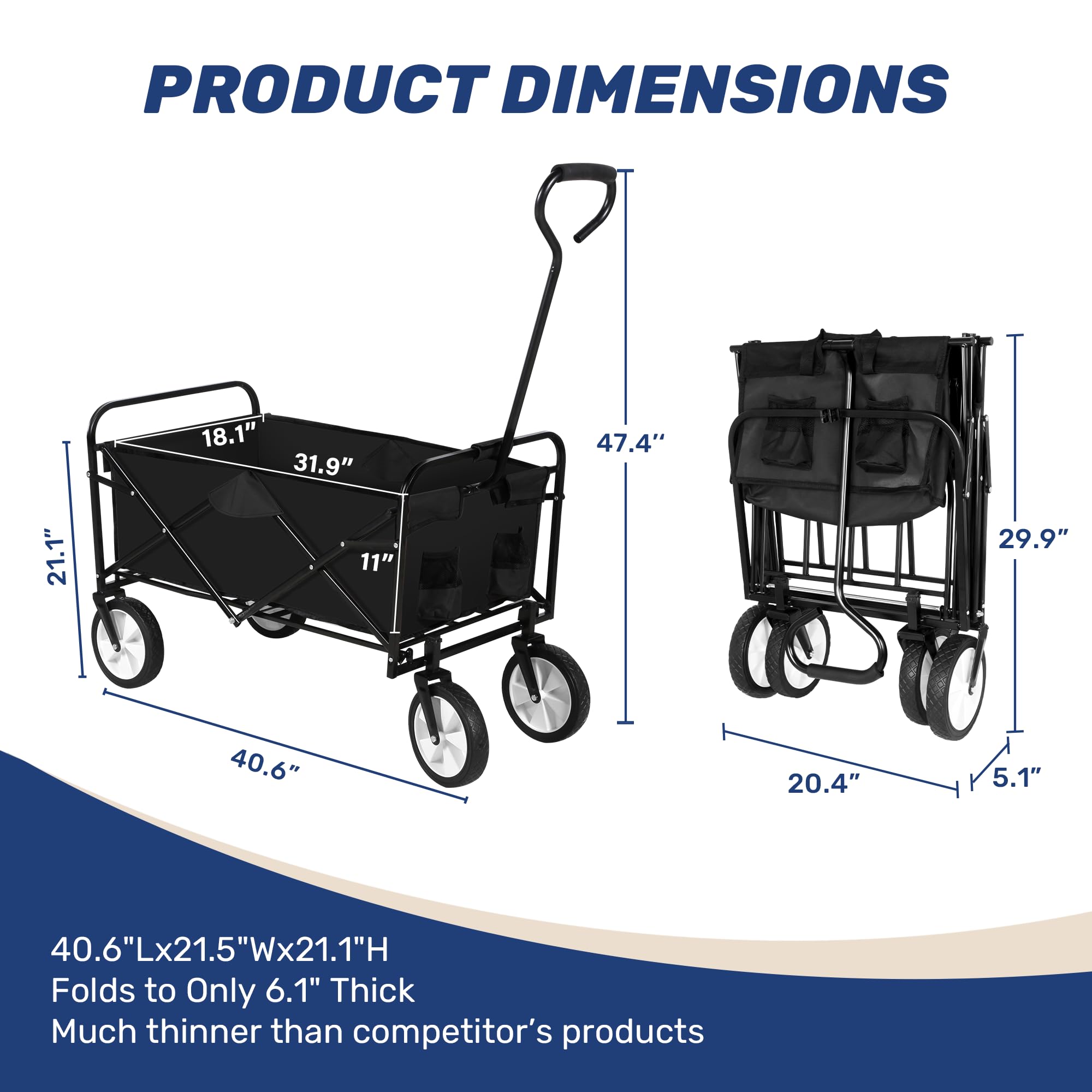 YSSOA Folding Garden Cart PRO - Heavy Duty 100kg Collapsible Wagon, Black