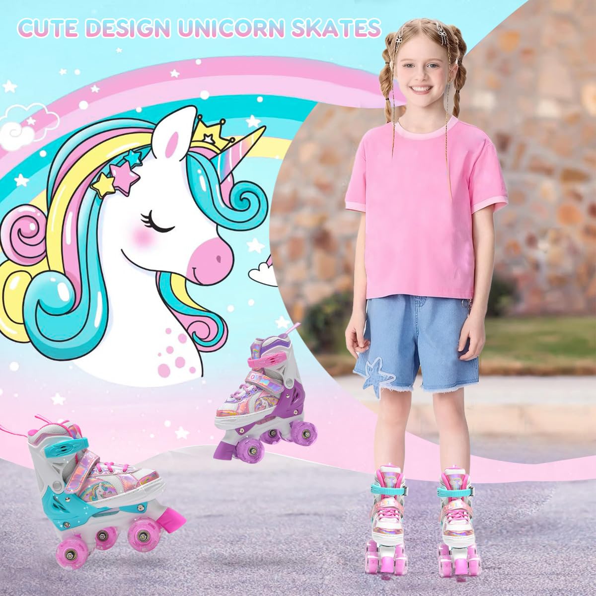 OLYSPM Kids Adjustable Quad Roller Skates with Flashing Wheels - Pink