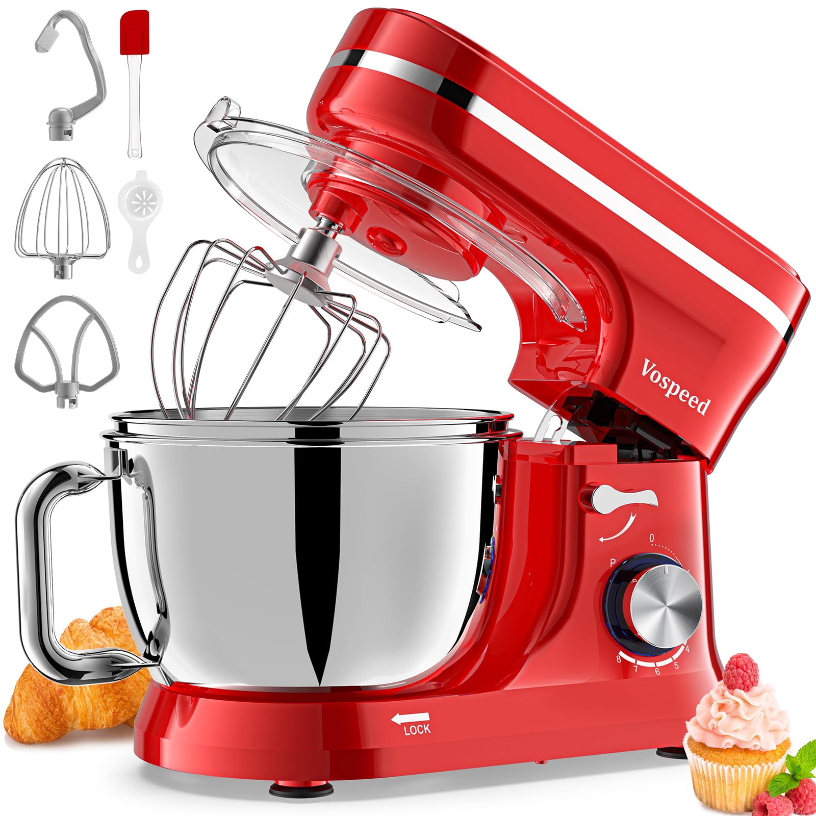 Vospeed Stand Mixer – 1000W Tilt-Head Food Mixer with Dual Bowls, Red
