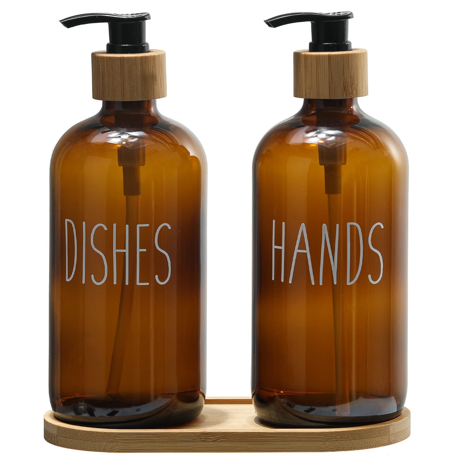 FEILANDUO Glass Soap Dispenser Set with Bamboo Pump & Tray - 2pcs Amber