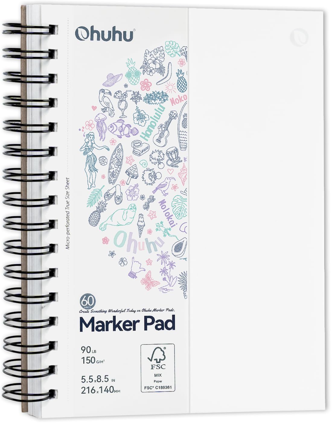 Ohuhu A5 Bleedproof Marker Pad – 150GSM Spiral Bound Sketchbook, 60 Sheets