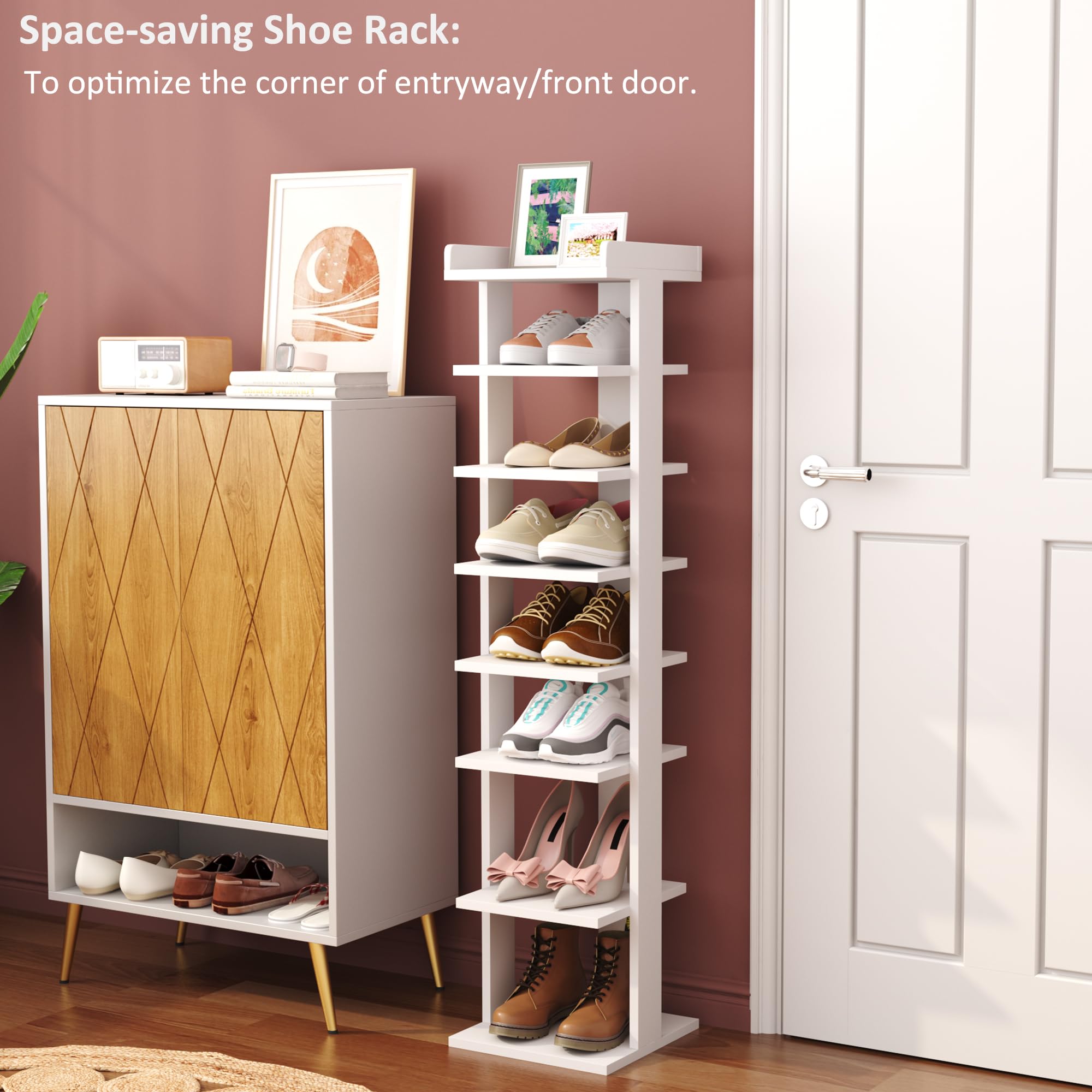 HOME BI 7-Tier Narrow Shoe Rack – Slim Wooden Corner Storage Tower, White