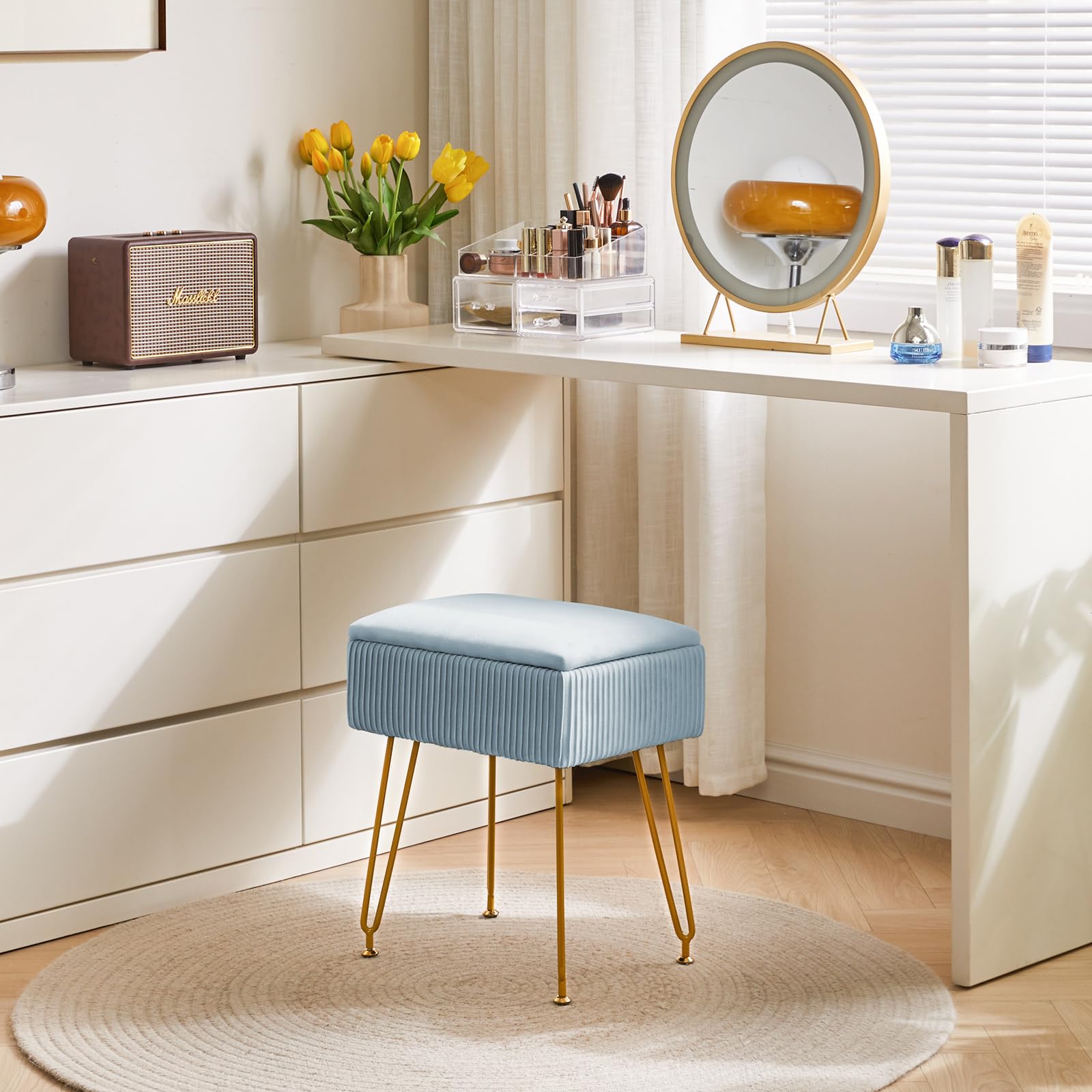 YMYNY Velvet Storage Ottoman | Pink Vanity Stool with Metal Legs