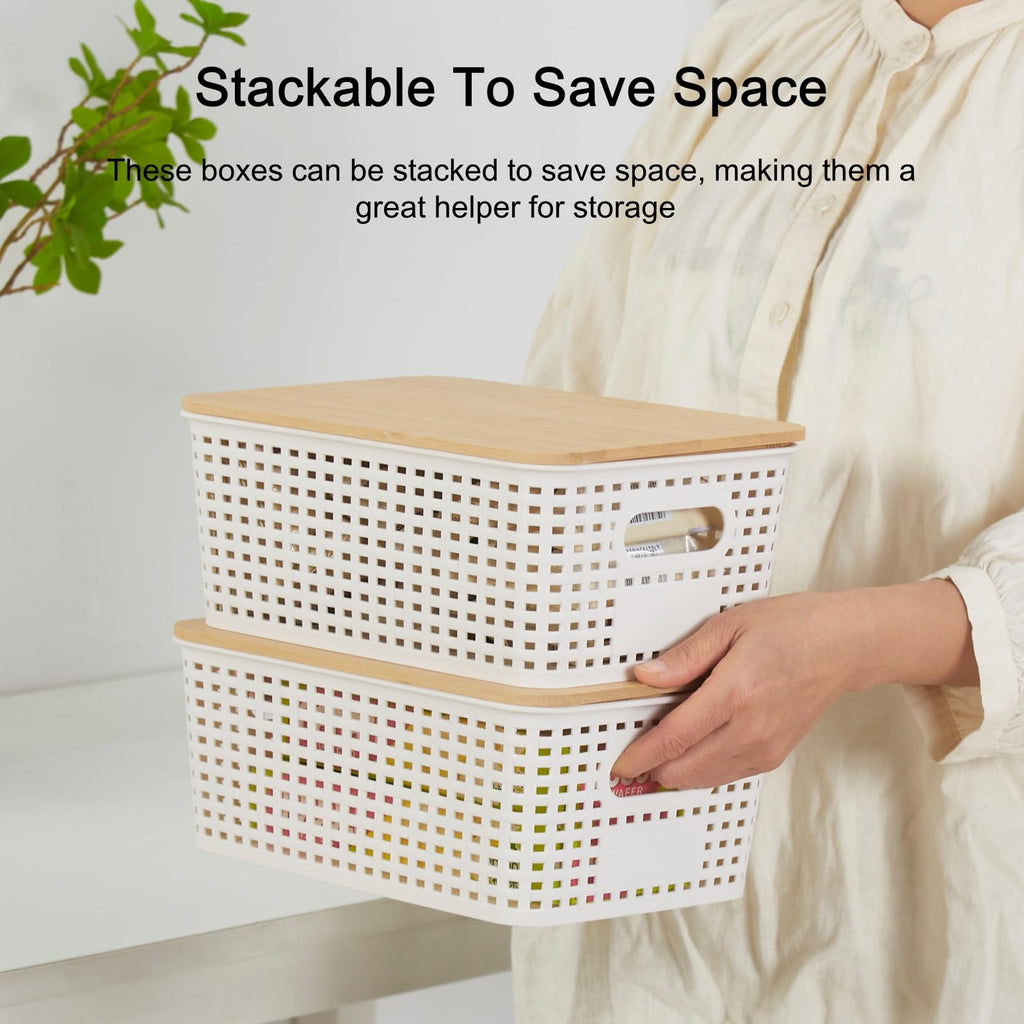 Sagittar Set of 6 Storage Boxes with Bamboo Lid, Imitation Rattan Plastic Storage Basket, Stackable Storage Bins, Ideal for Kitchen, Bathroom, Office