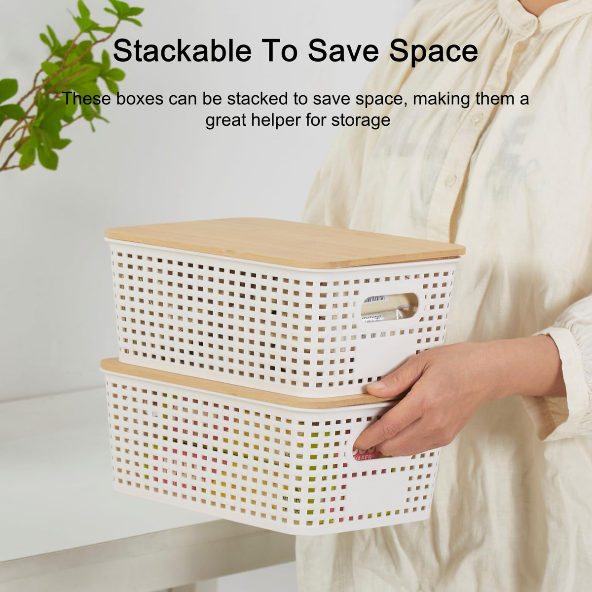 Sagittar Set of 6 Storage Boxes with Bamboo Lid, Imitation Rattan Plastic Storage Basket, Stackable Storage Bins, Ideal for Kitchen, Bathroom, Office