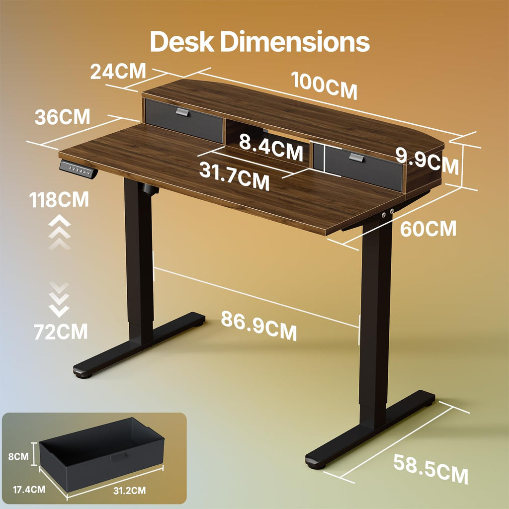 HUANUO Standing Desk with Drawers, 100x60cm, Walnut - image 5