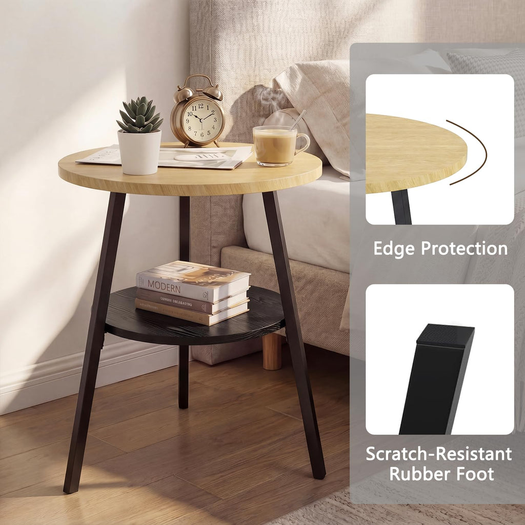 Small Round Side Table, 2-Tier Coffee Table with Storage Shelf