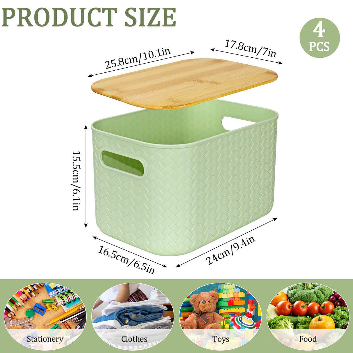 RWFMO 4 Pcs Plastic Green Storage Baskets with Bamboo Lid for Bathroom - image 2