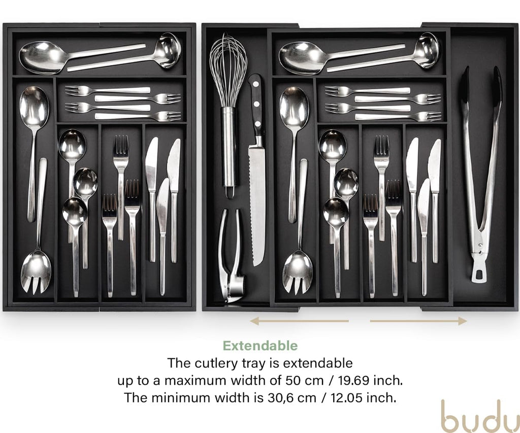 Budu Expandable Bamboo Cutlery Tray - Black Kitchen Drawer Organiser