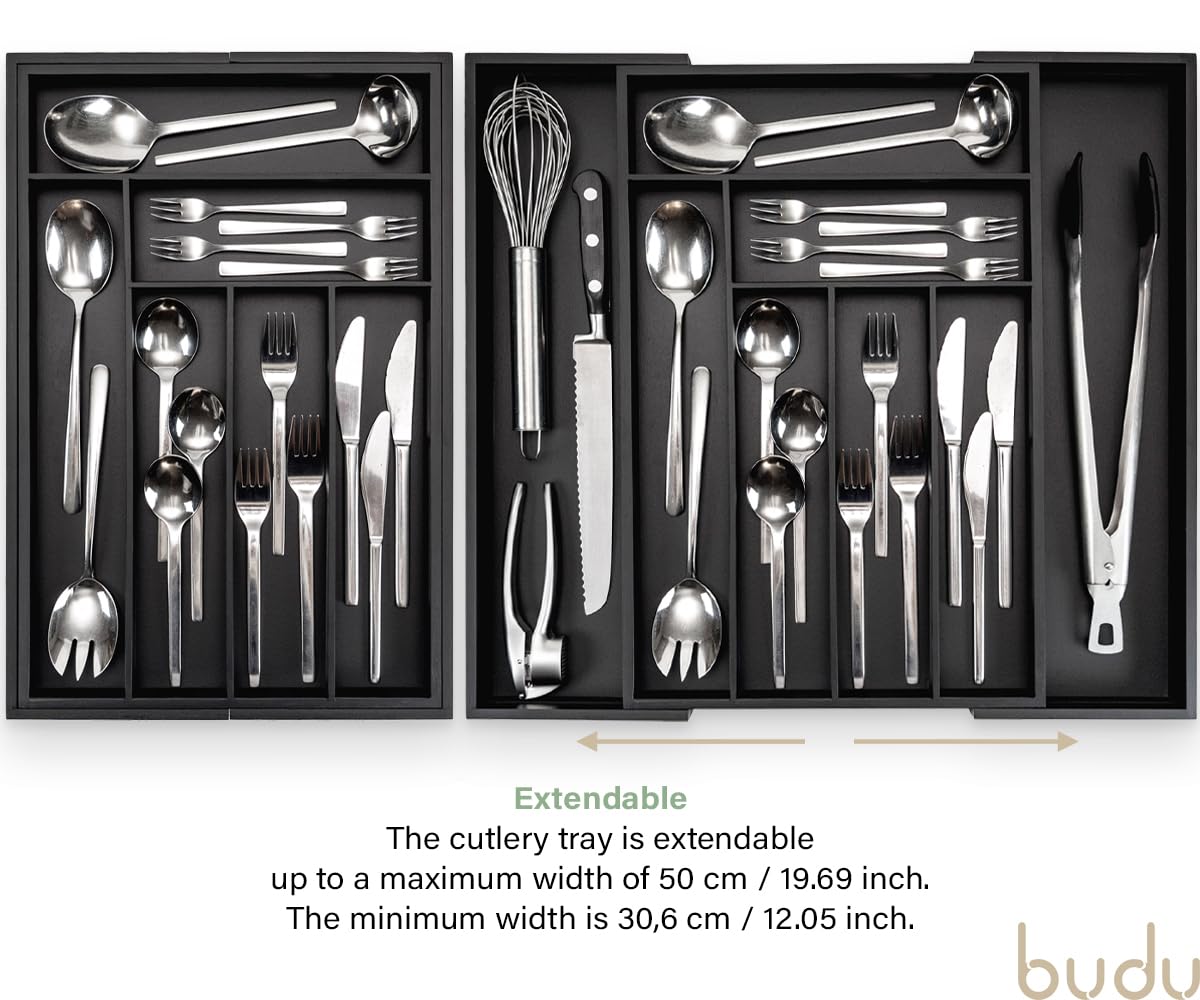 Budu Expandable Bamboo Cutlery Tray - Black Kitchen Drawer Organiser