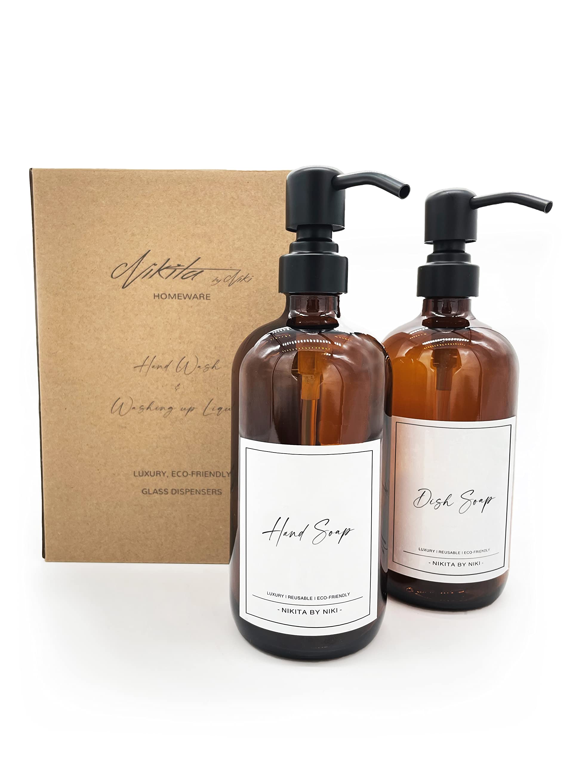 Nikita Amber Glass Soap Dispenser Set - 500ml Refillable Pump Bottles
