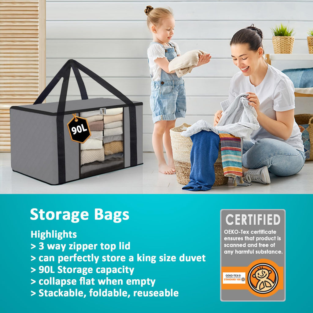 Joybees Clothes Storage Bags with Lids, 3-Pack, 90L Large Foldable Boxes with Zipper & Clear Window, Thick Scratch-Resistant Material - image 5