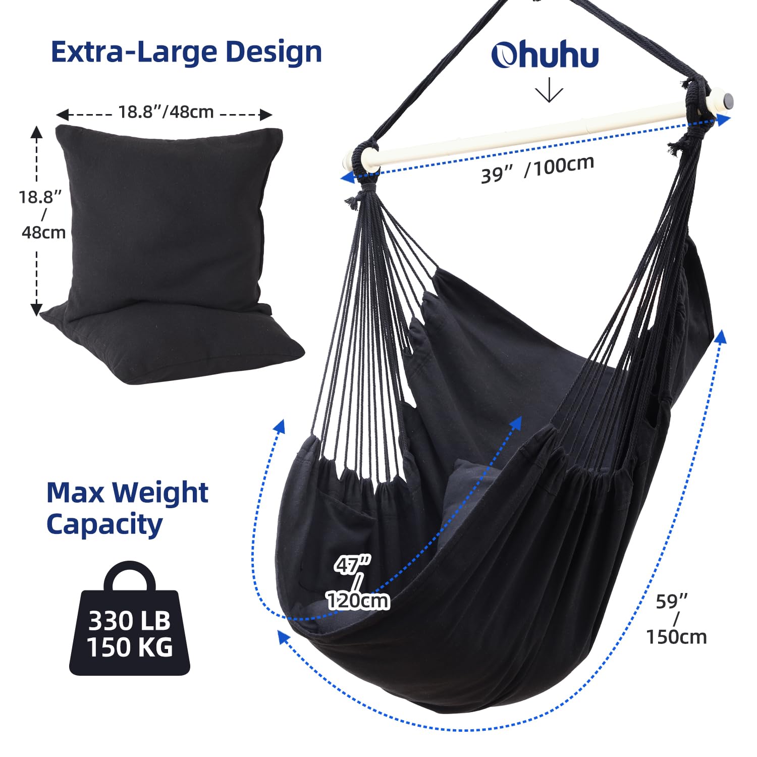 Ohuhu XL Hanging Hammock Chair with 2 Cushions and Metal Support Bar