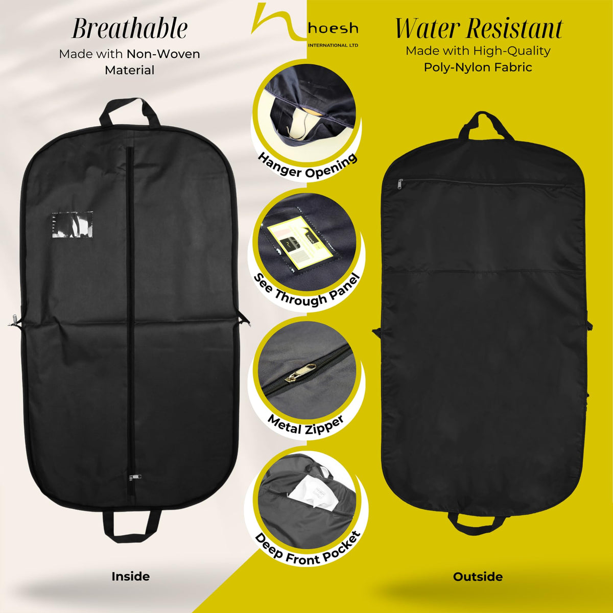 Hoesh UK - Black 44" Waterproof Mens Suit Garment Protection Carrier - clothes bags, suit bag for men, travel garment bags, suit covers - image 2