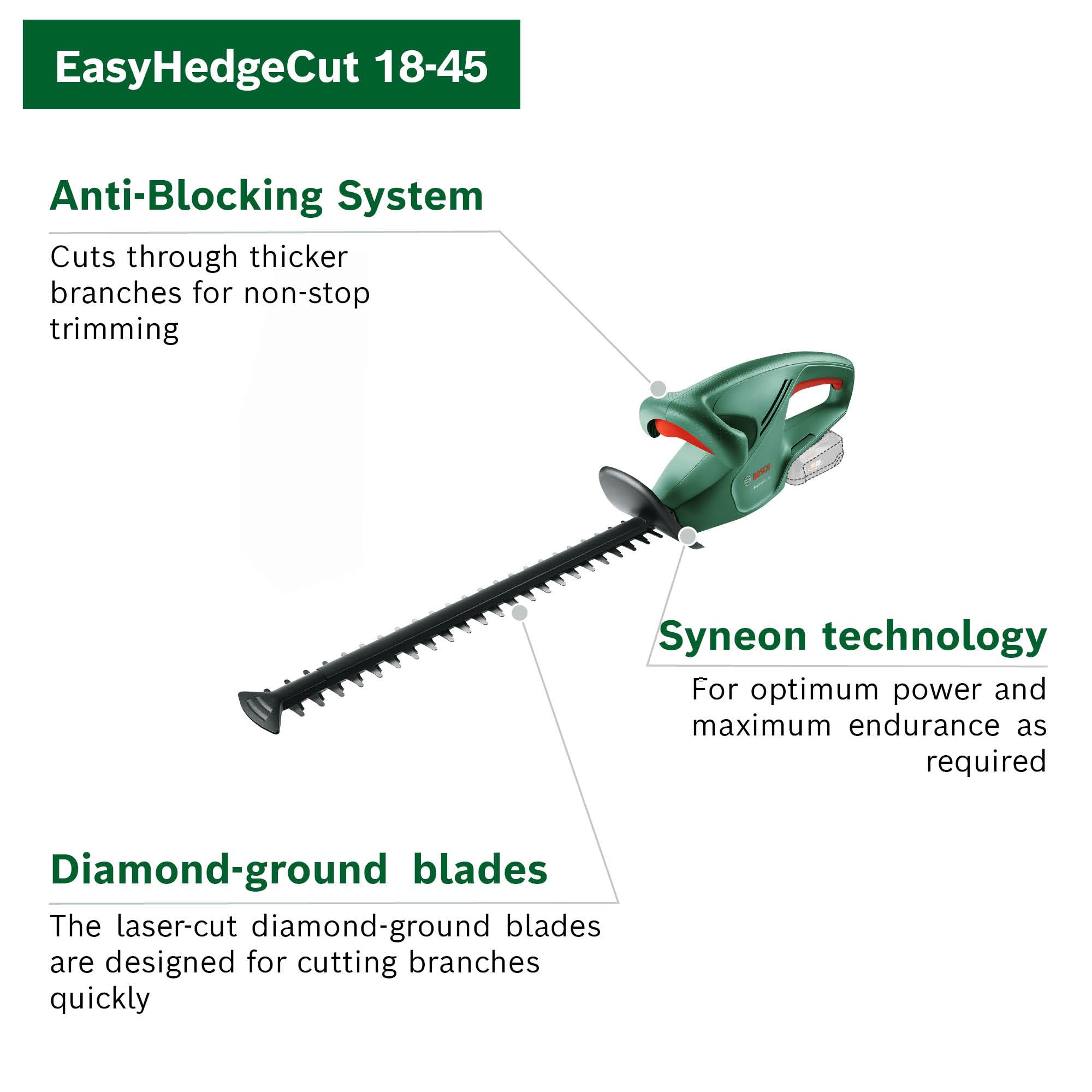 Bosch EasyHedgeCut 18-45 Cordless Hedge Trimmer – 45cm Blade (Solo)