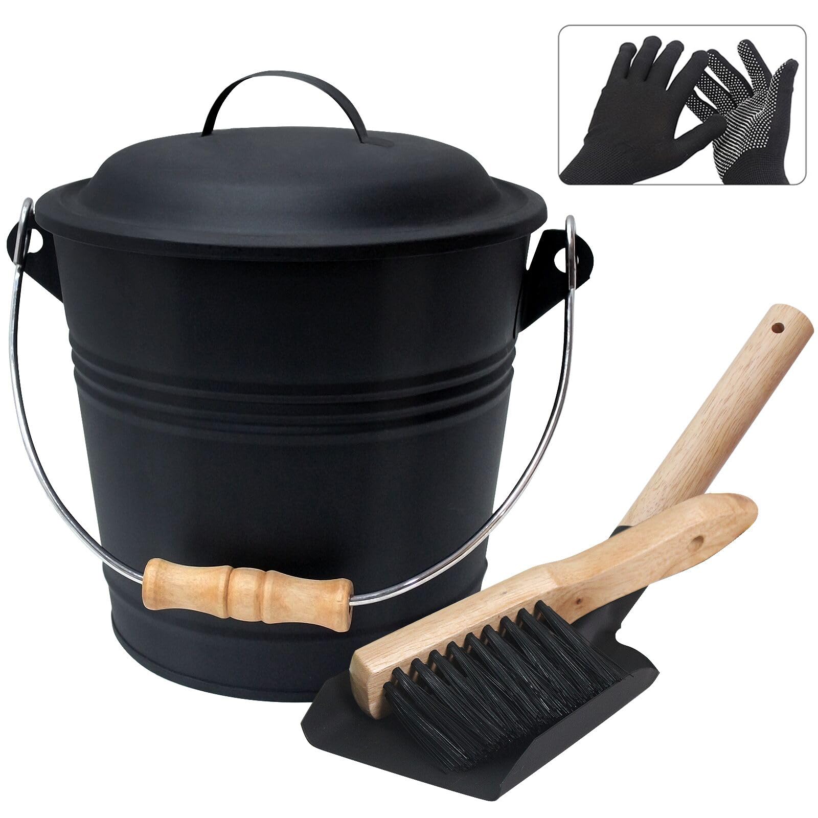 BRIAN & DANY 5L Metal Ash Bucket with Lid, Shovel and Hand Broom