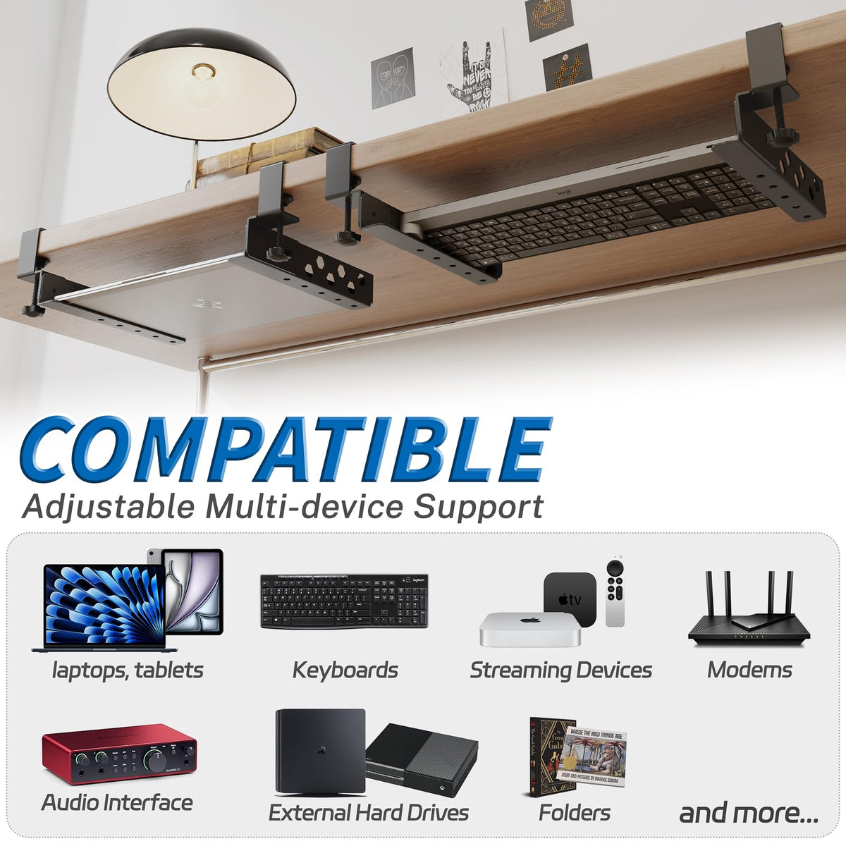 otuiaim Adjustable Under Desk Holder with Clamp for Desk - Steel Shelf - image 5