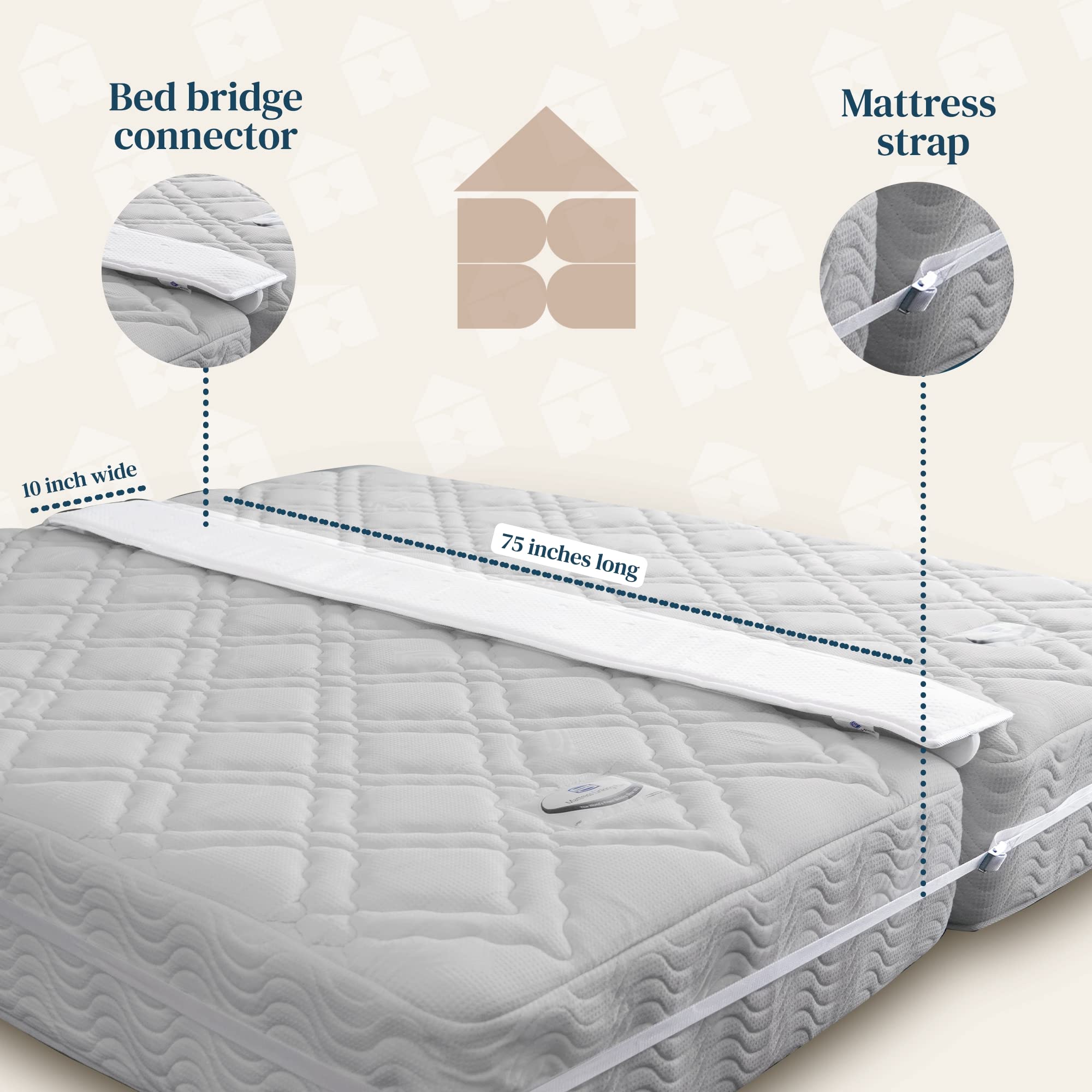 FeelAtHome 10 Inch Bed Bridge Twin to King Converter Kit with Strap