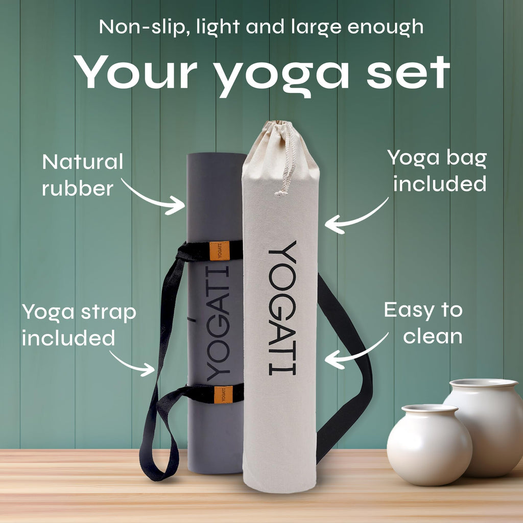YOGATI Natural Rubber Yoga Mat – Non-Slip Exercise Mat with Alignment Lines