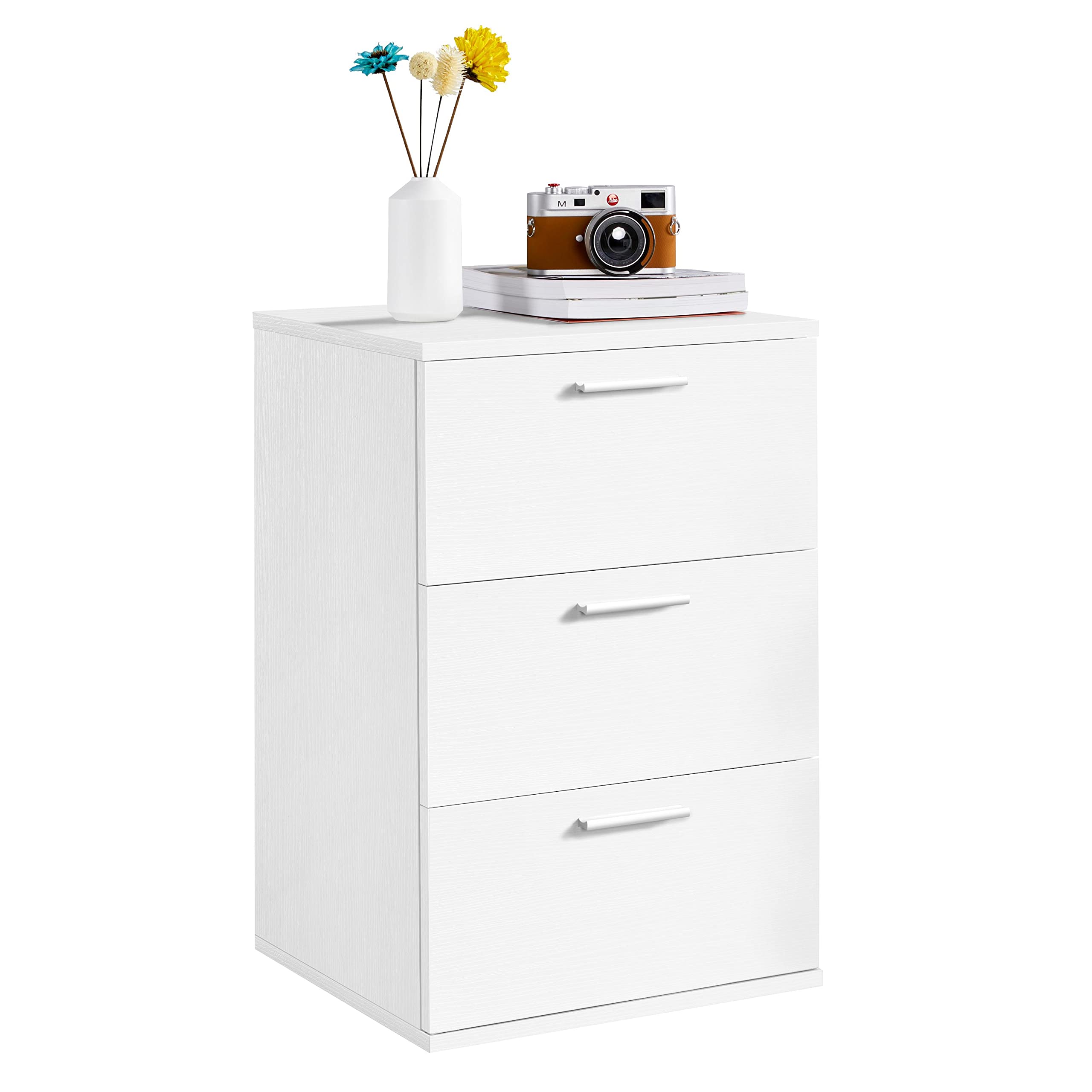 Yaheetech White Wood Nightstand – 3 Drawer Bedside Table with Metal Handles