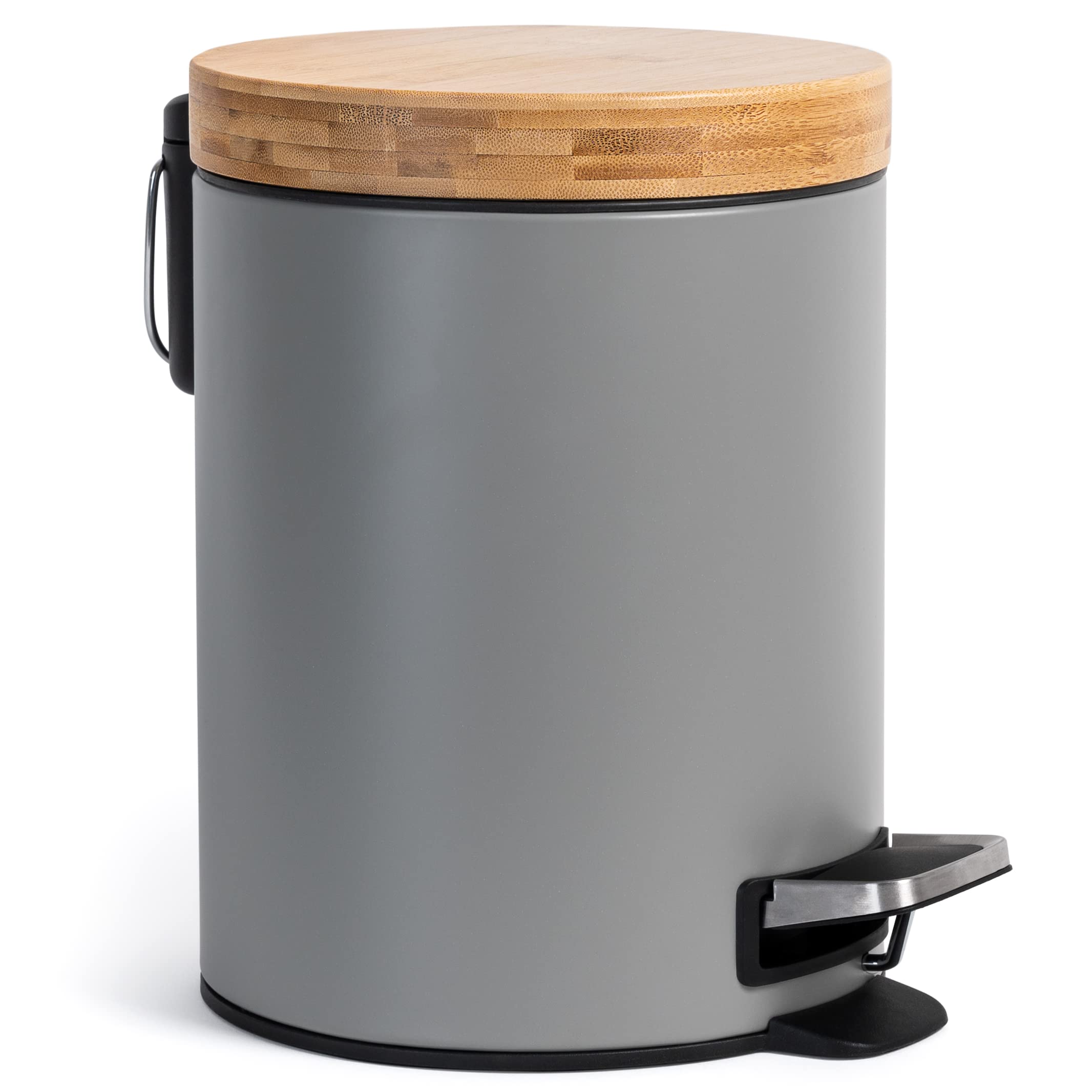 Kazai 5L Bathroom Bin – Soft Close Matte Grey Wastebin with Bamboo Lid