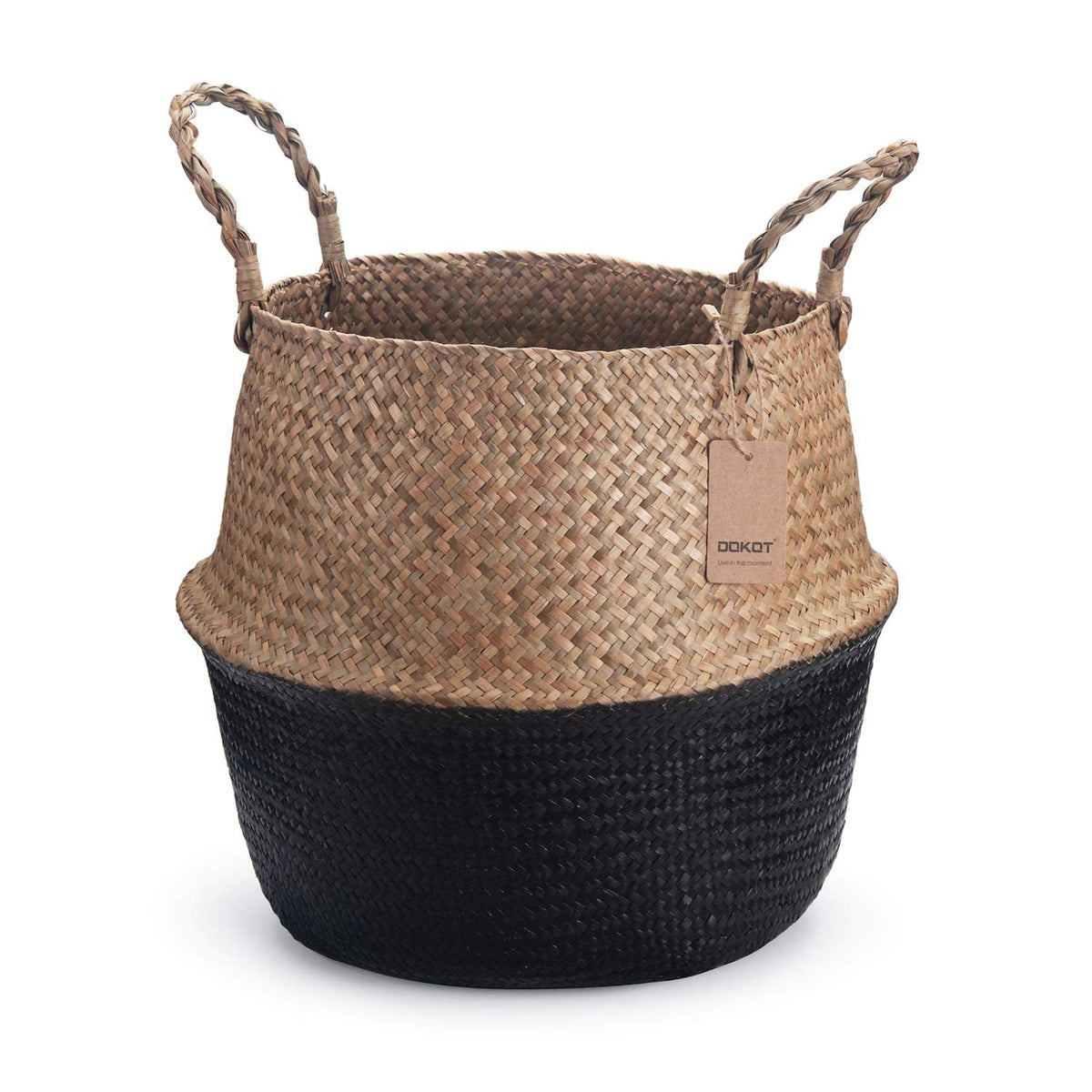 Seagrass Belly Basket Natural Woven Plant Pot Foldable with Handles for Storage Laundry Blankets Toys Natural + Black - image 1