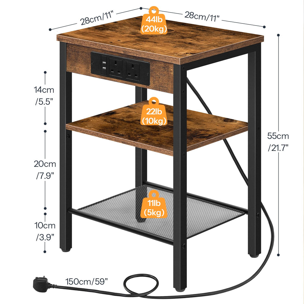 HOOBRO Narrow Side Table with Charging Station | 3-Tier Rustic Bedside Table