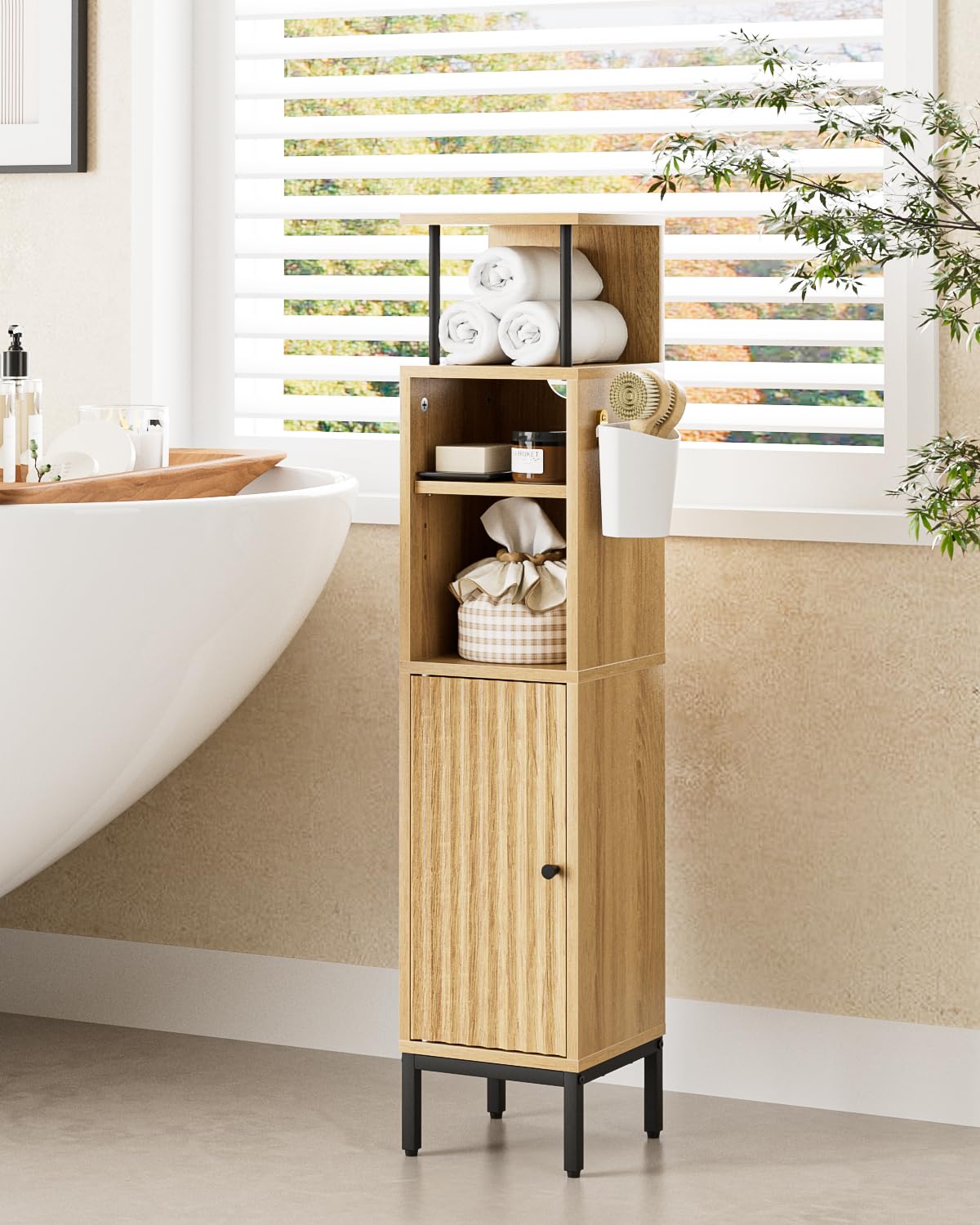HEYZOEY Tall Bathroom Cabinet | Slim Waterproof Floor Storage, Oak