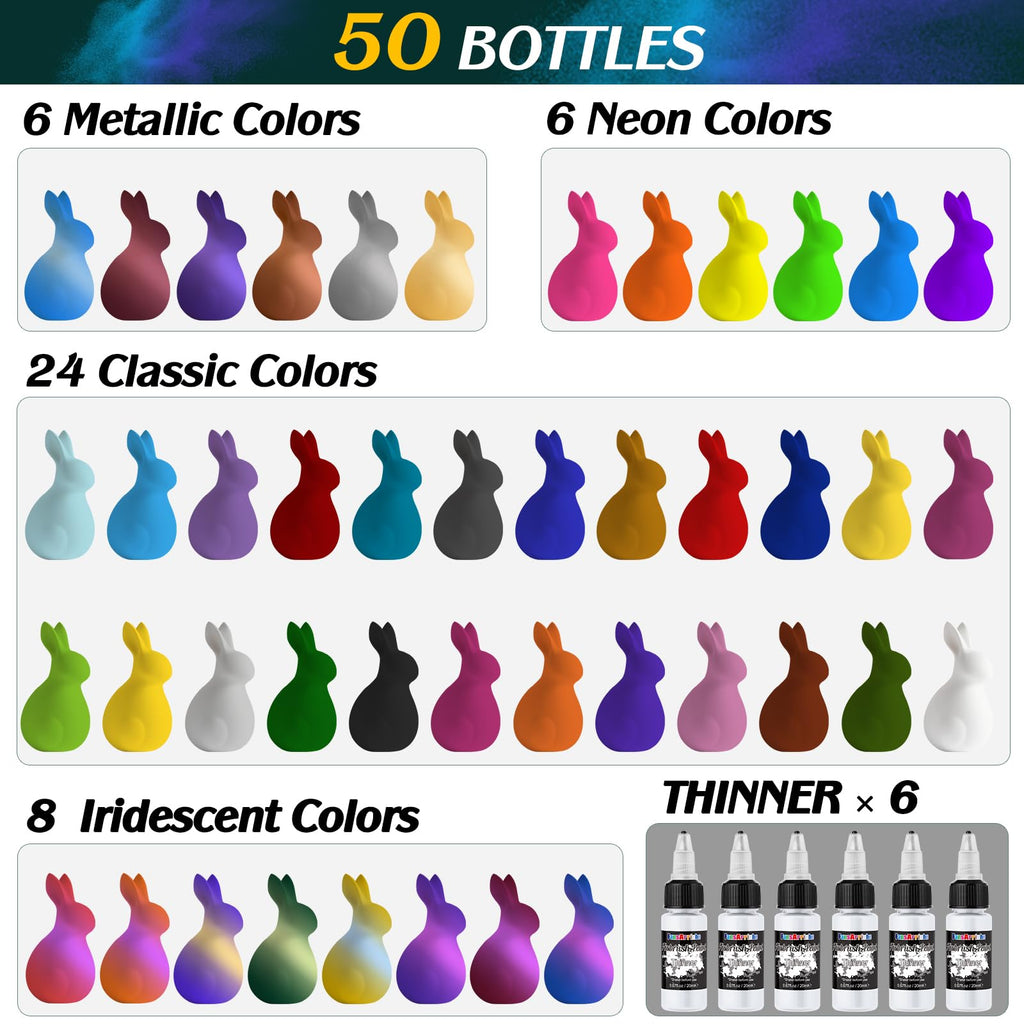 FansArriche Airbrush Paint Set - 44 Opaque & Neon Water-Based Colors