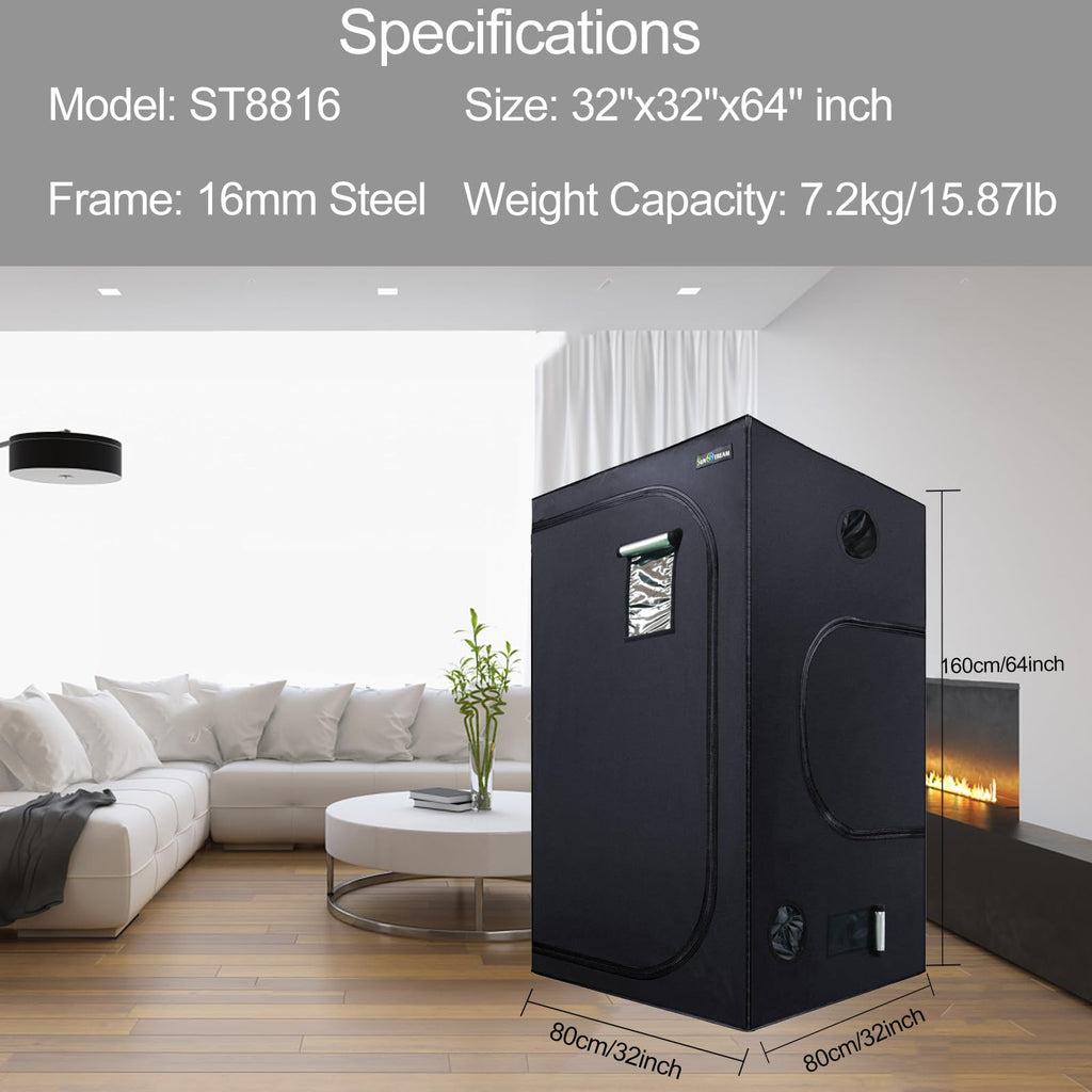 SunStream Hydroponic Grow Tent | 32x32x64 | 600D Mylar Indoor Plant Tent