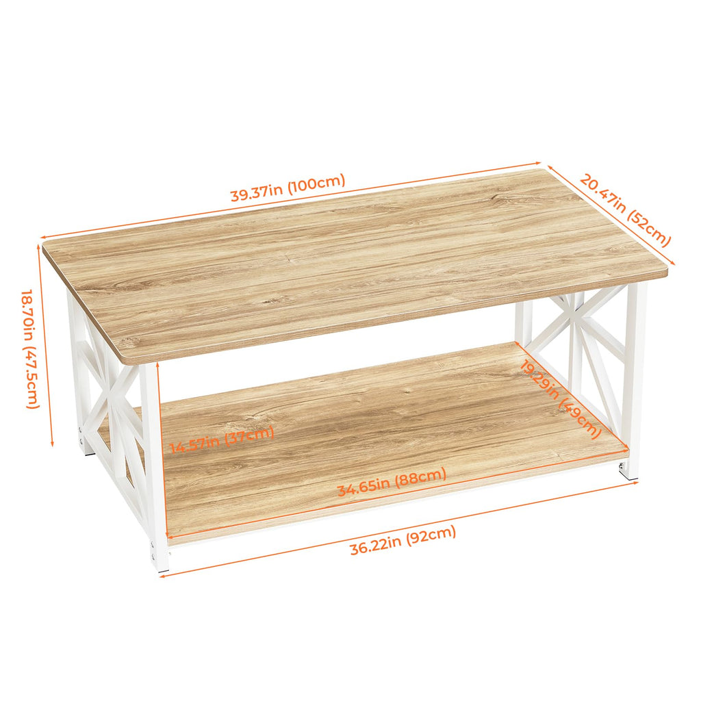 GreenForest 2-Tier Coffee Table | 100cm Oak Center Table with X-Frame