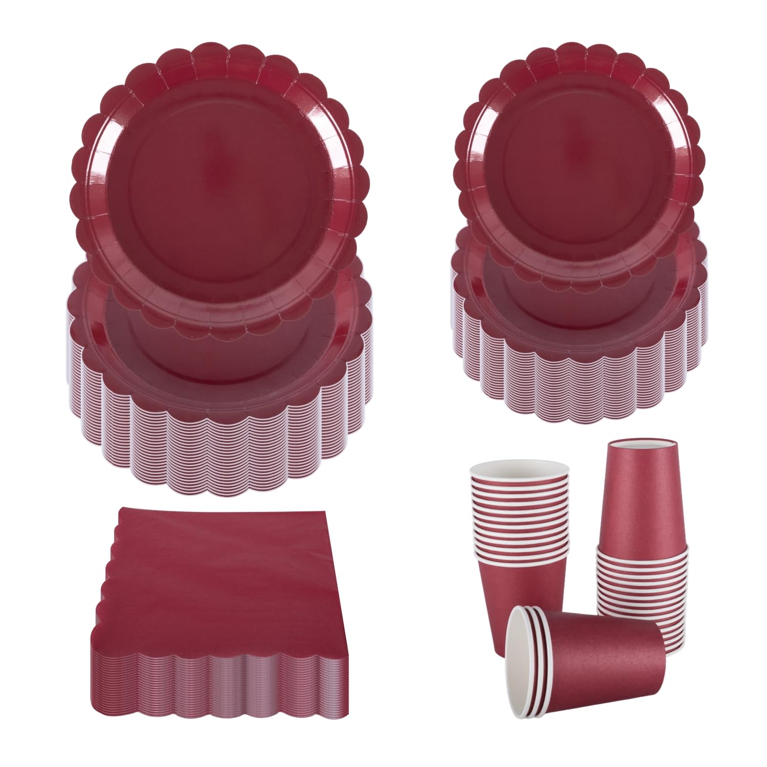 PHUNAT Deep Red Party Tableware Set for 30 Guests | Scalloped Paper Plates