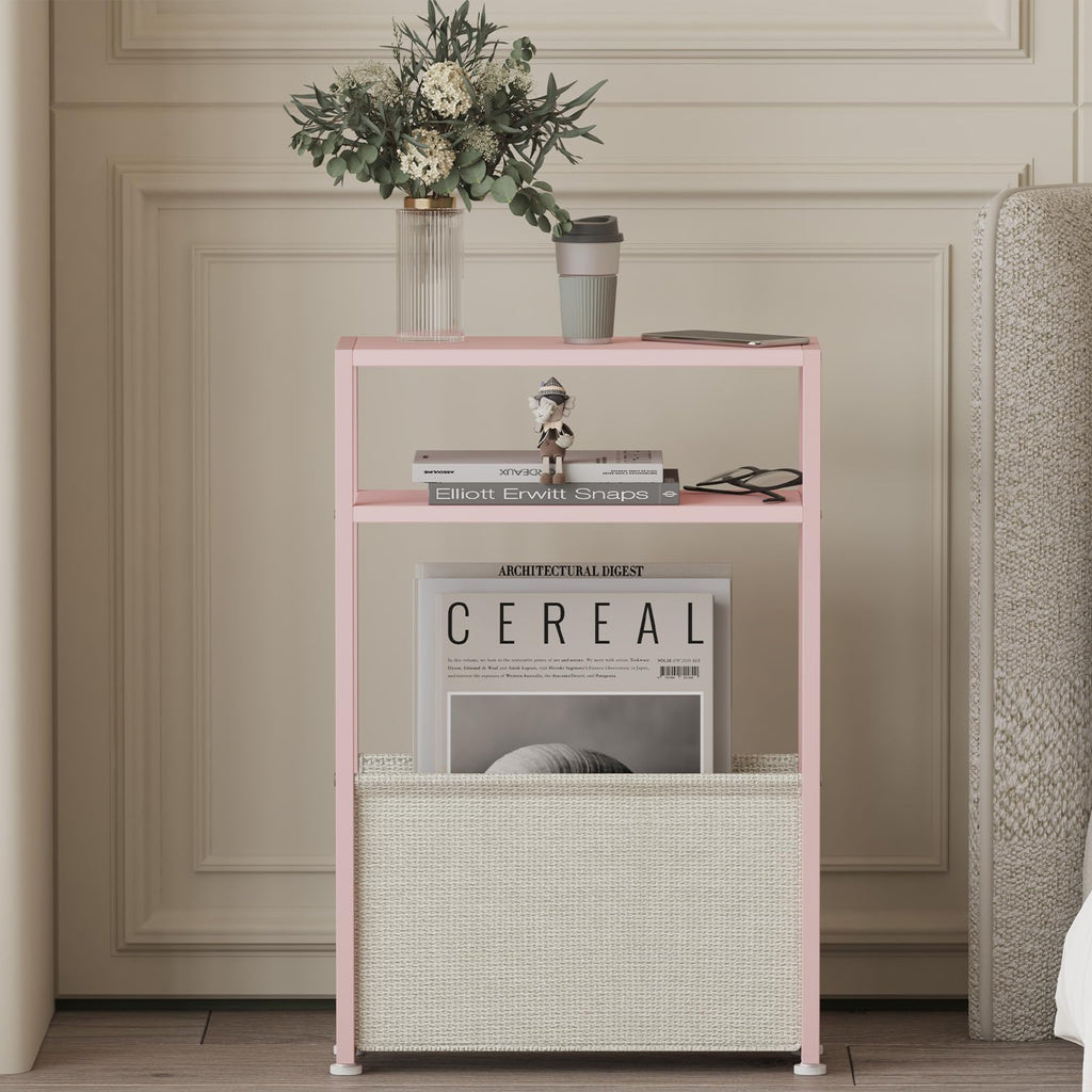 JERX Narrow Side Table with Fabric Basket, End Table for Small Spaces, Slim Side Table with Magazine Rack for Living Room Office Bedroom and Bathroom - image 5