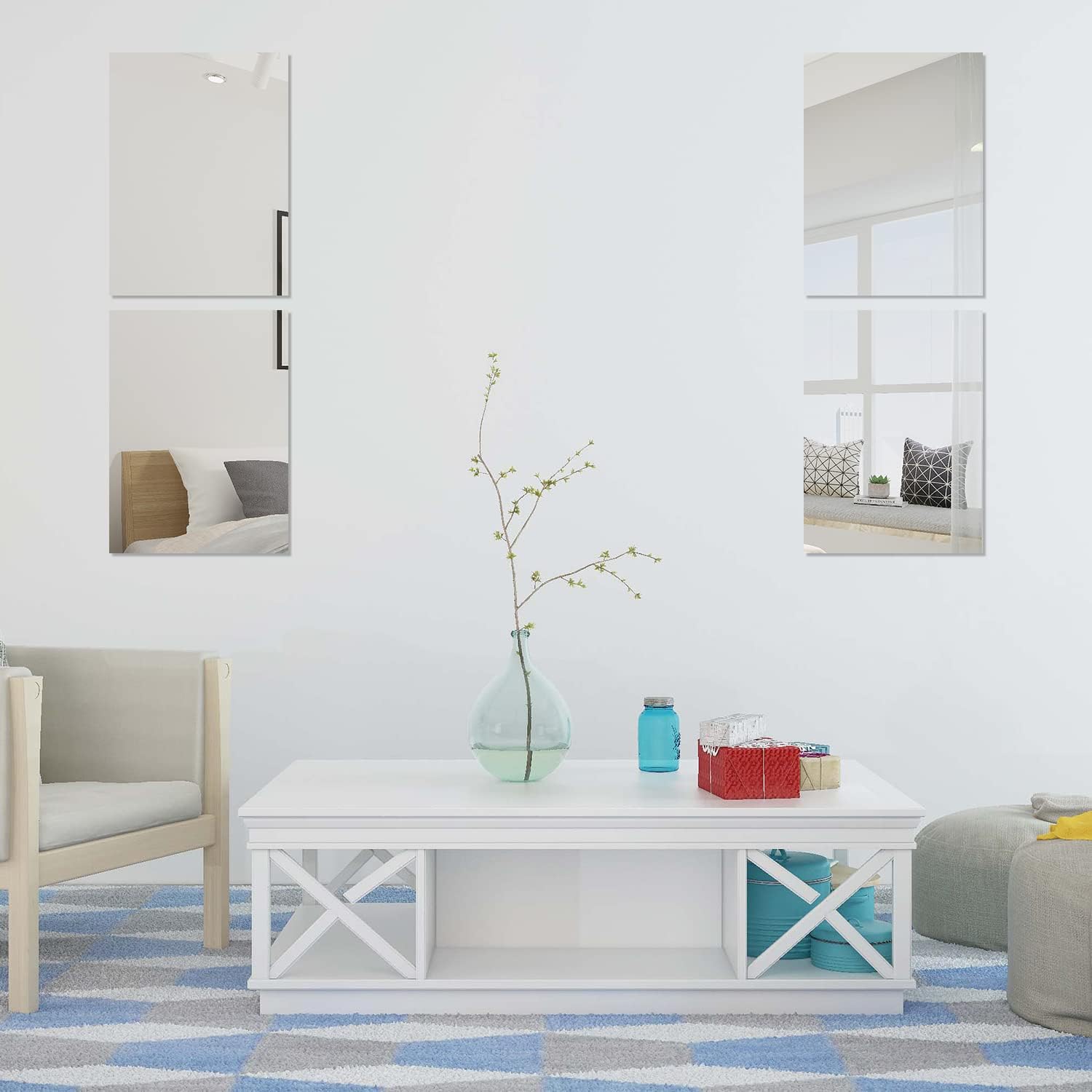 TSKDKIT 4Pcs Frameless Wall Mirror Tiles – 16x12in Self Adhesive Glass