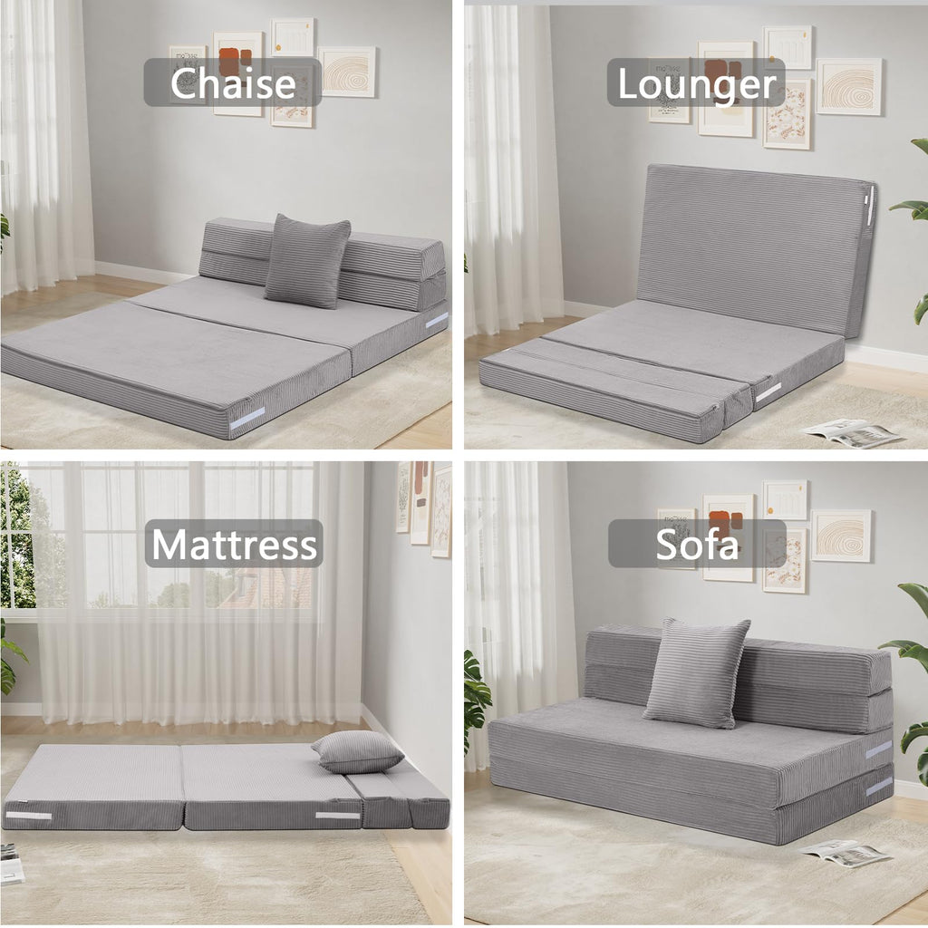 MeMoreCool Folding Mattress Double, Corduroy Fold Out Sofa Bed, Grey