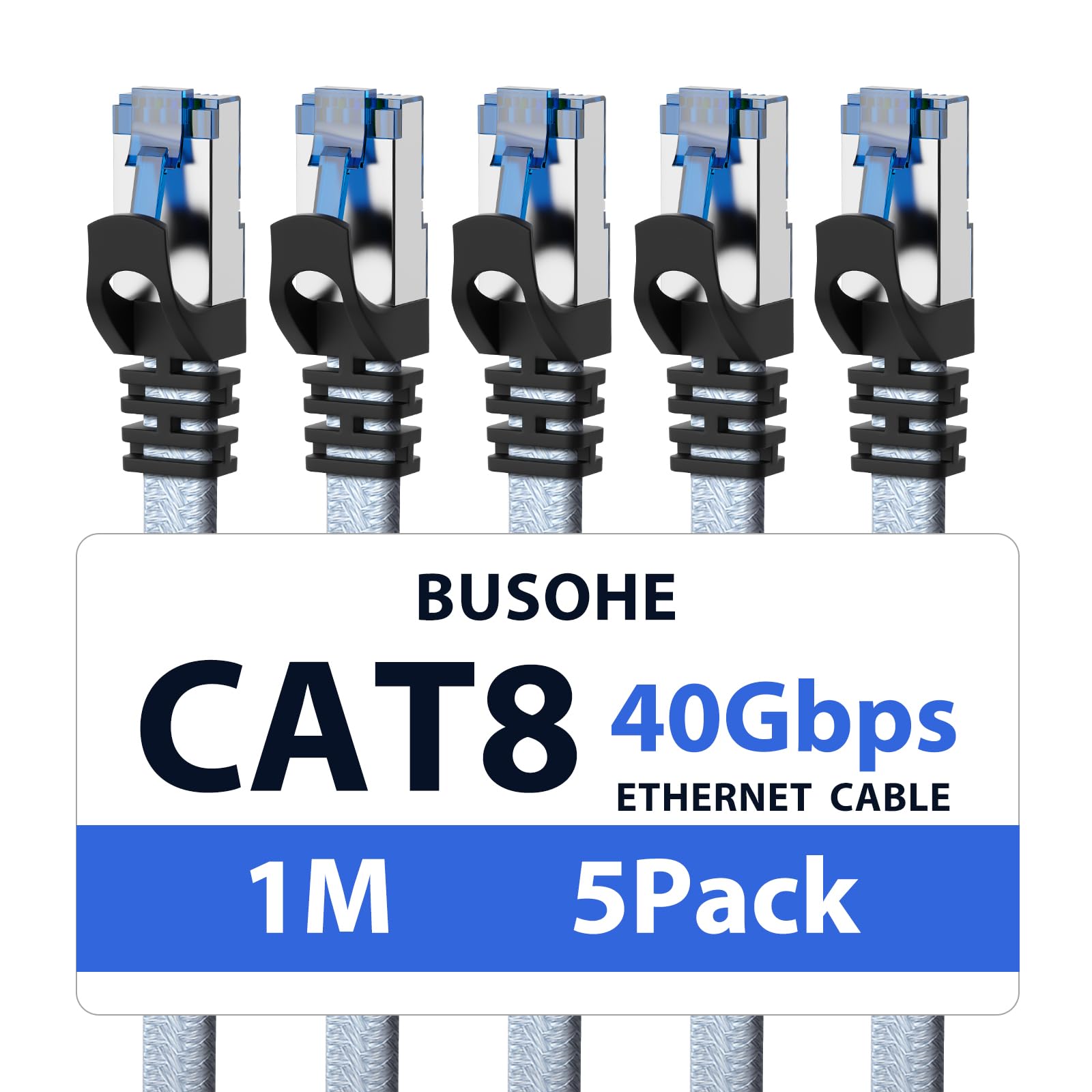 BUSOHE Cat 8 Ethernet Cable 1m (5 Pack) - 40Gbps Braided Flat LAN
