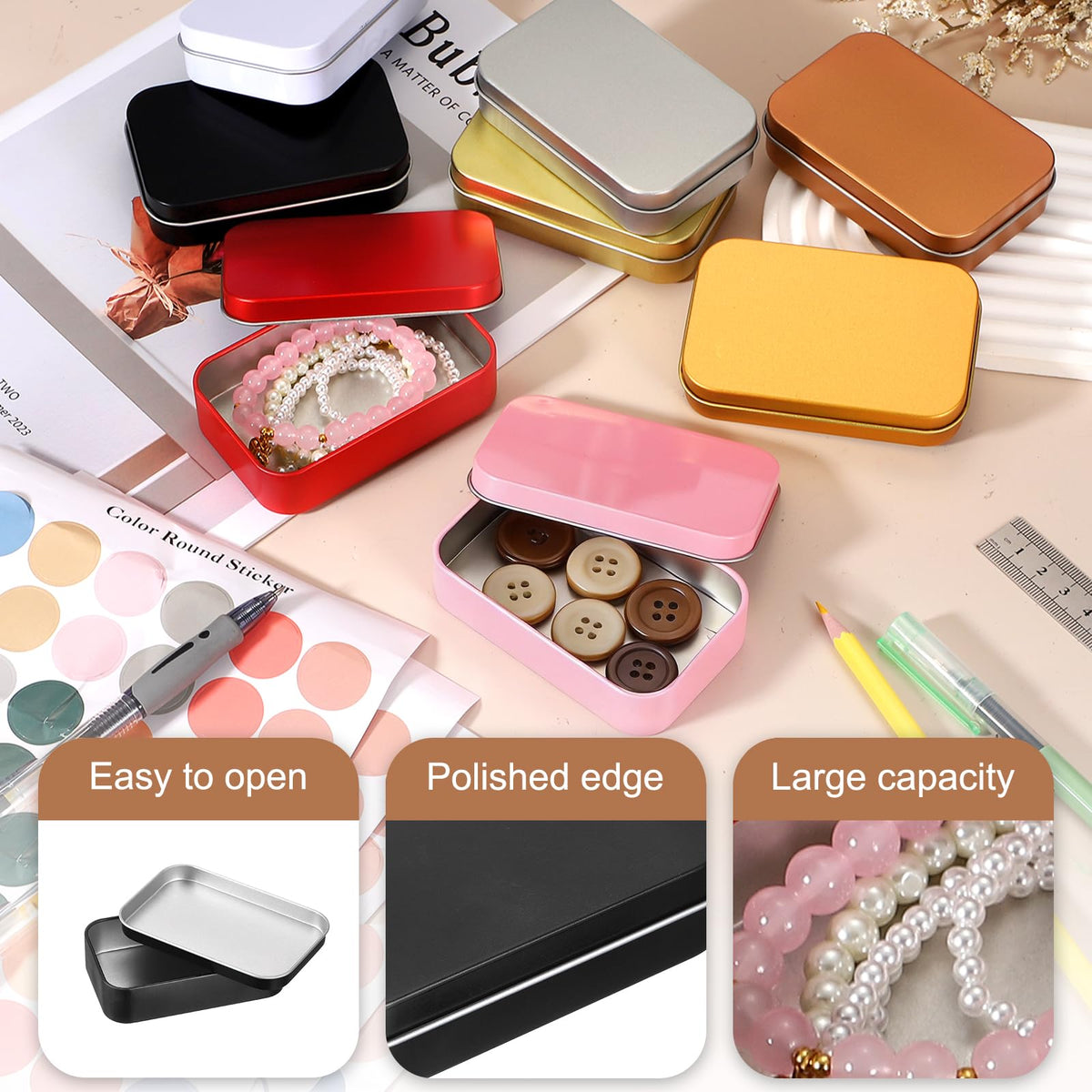 sourcing map 4Pcs Metal Tin Box Container, 3.7x2.4x0.9 Rectangular Empty Box with Self Adhesive Colored Stickers - image 3